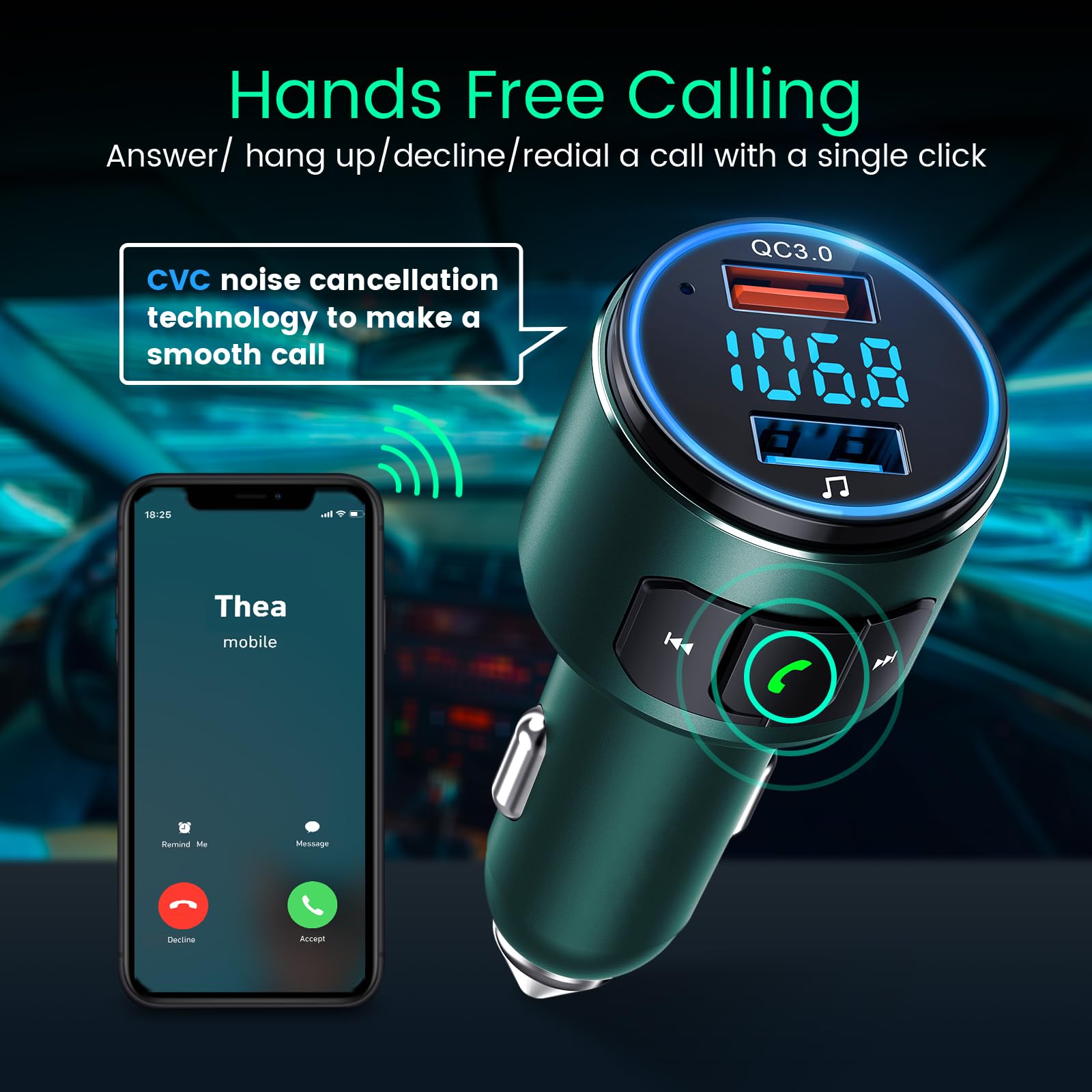Upgraded V5.3 Bluetooth FM Transmitter for Car with QC3.0 Fast Charging, LED Backlit, Wireless Music Player & Hands-Free Calling - Compatible with Siri & Google Assistant (Green) | Perfect for Road Trips, Commuting & Streaming Music in Your Vehicle