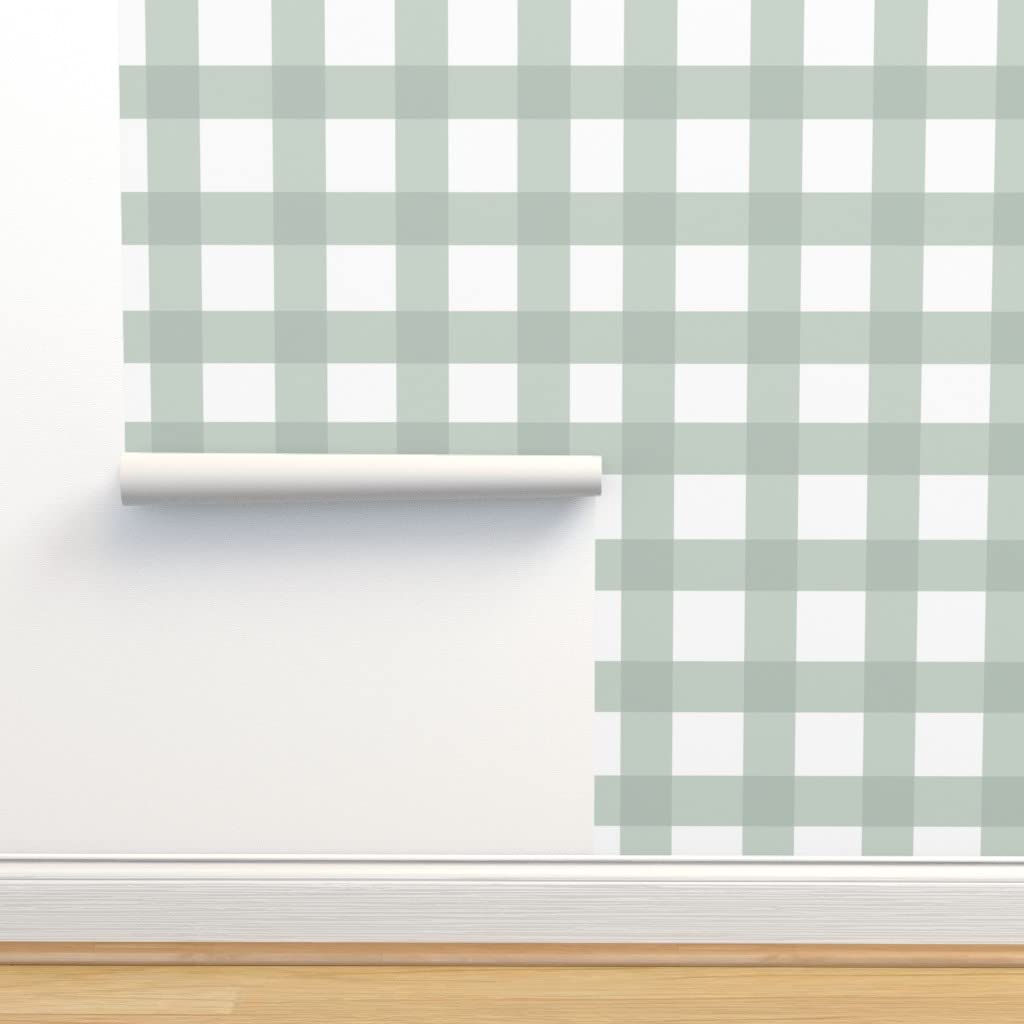 Peel & Stick Wallpaper 12ft x 2ft - Buffalo Check Pattern in Mint Green, Rustic Watercolor Design, Farmhouse Style, Removable & Customizable by Spoonflower | Perfect for Bedroom, Kitchen, Nursery & Home Office Decor
