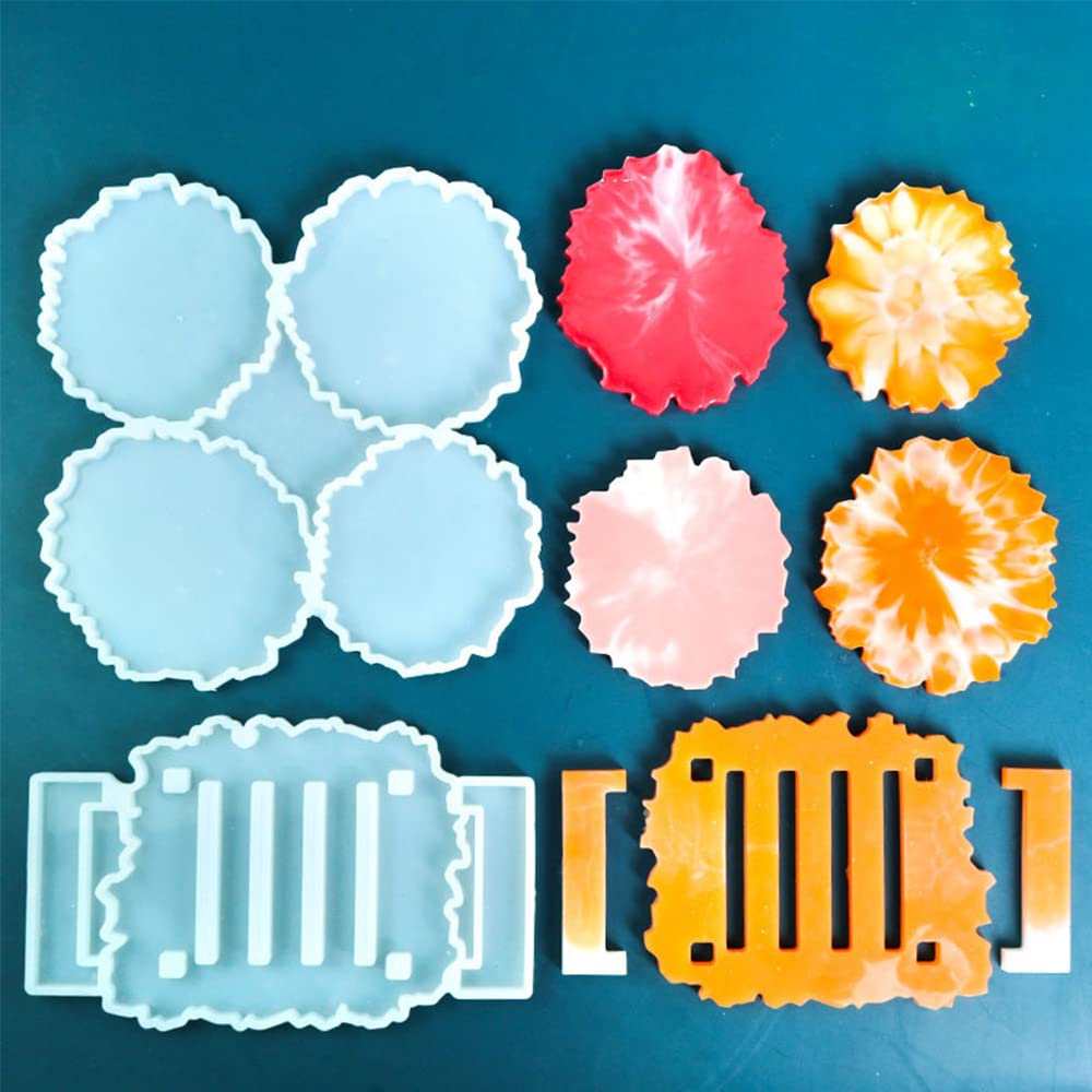 2-Piece Silicone Coaster Mold Set for Epoxy Resin Casting - 1 Irregular Coaster Mold & 1 Storage Stand Mold - DIY Home Decor, Unique Gift Idea for Craft Lovers - Perfect for Coffee Tables, Dining Tables, and Party Decorations