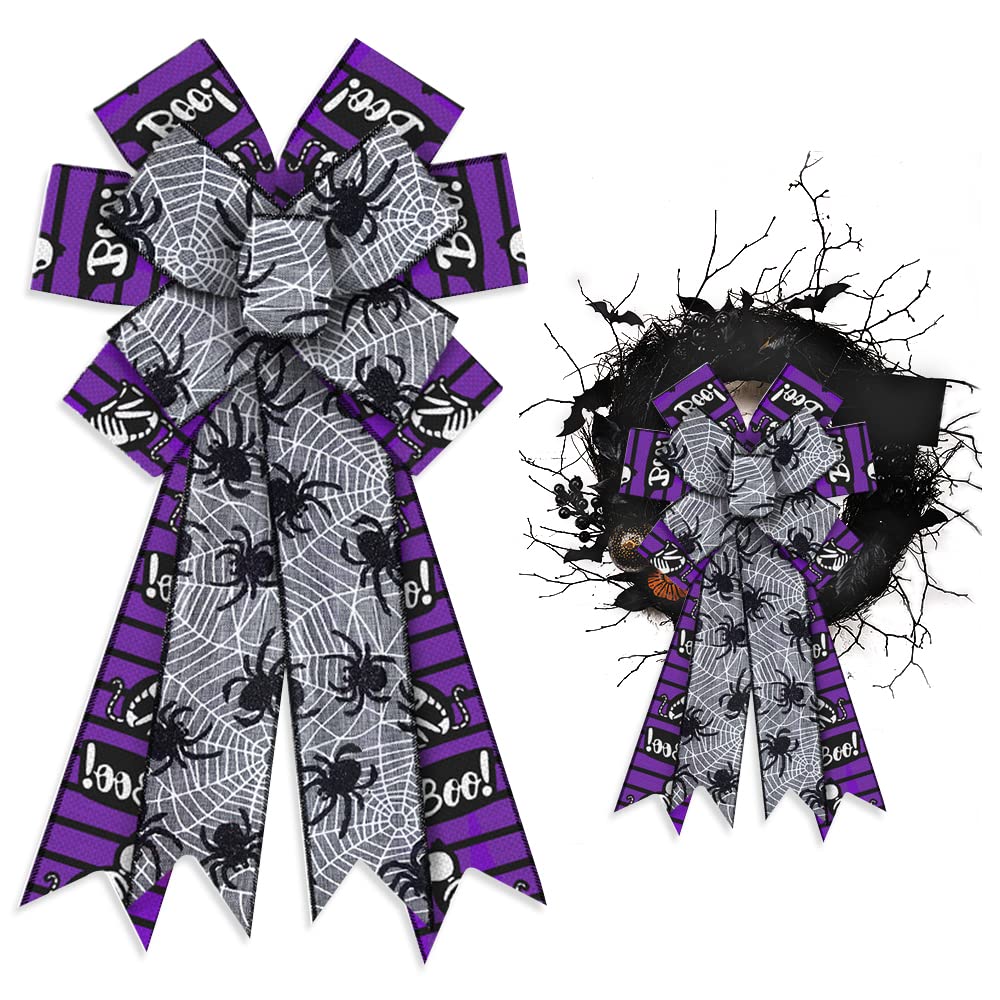 ALIBBON Large Halloween Bows for Wreaths - Black & Purple Glitter Spider Web Cat Bows for Front Door Decor, Indoor Outdoor Wall & Wreath Decorations | Perfect for Halloween Party, Porch Decor, and Seasonal Home Decoration
