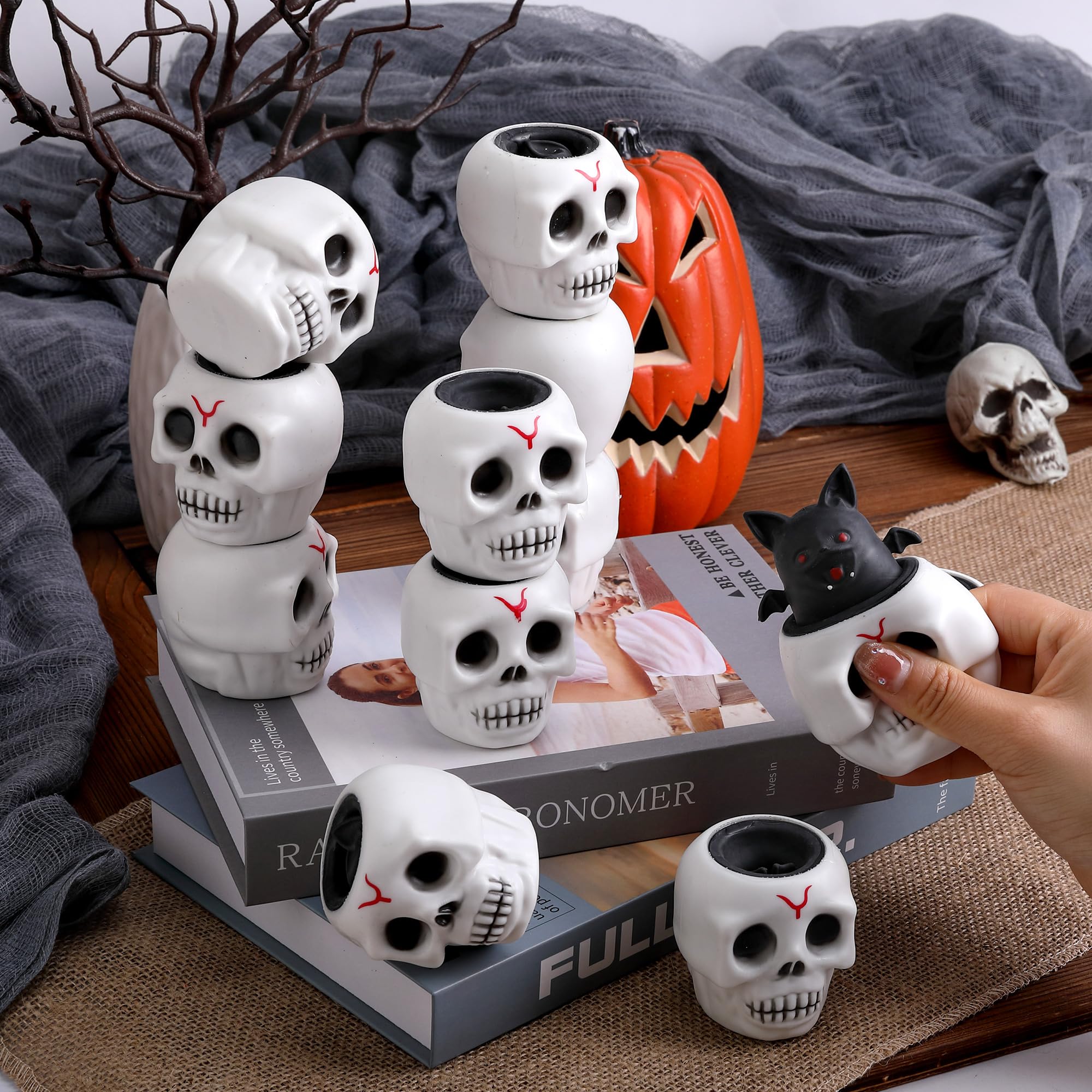 12 Pack Halloween Skull Squishy Toys - Stress Relief Stretchy Fidget Toys for Kids & Adults, Sensory Ghost Toys for Halloween Party Decorations, Trick or Treat Gifts, Office Desk & Anxiety Relief (Halloween Party, Classroom, Gift Basket)