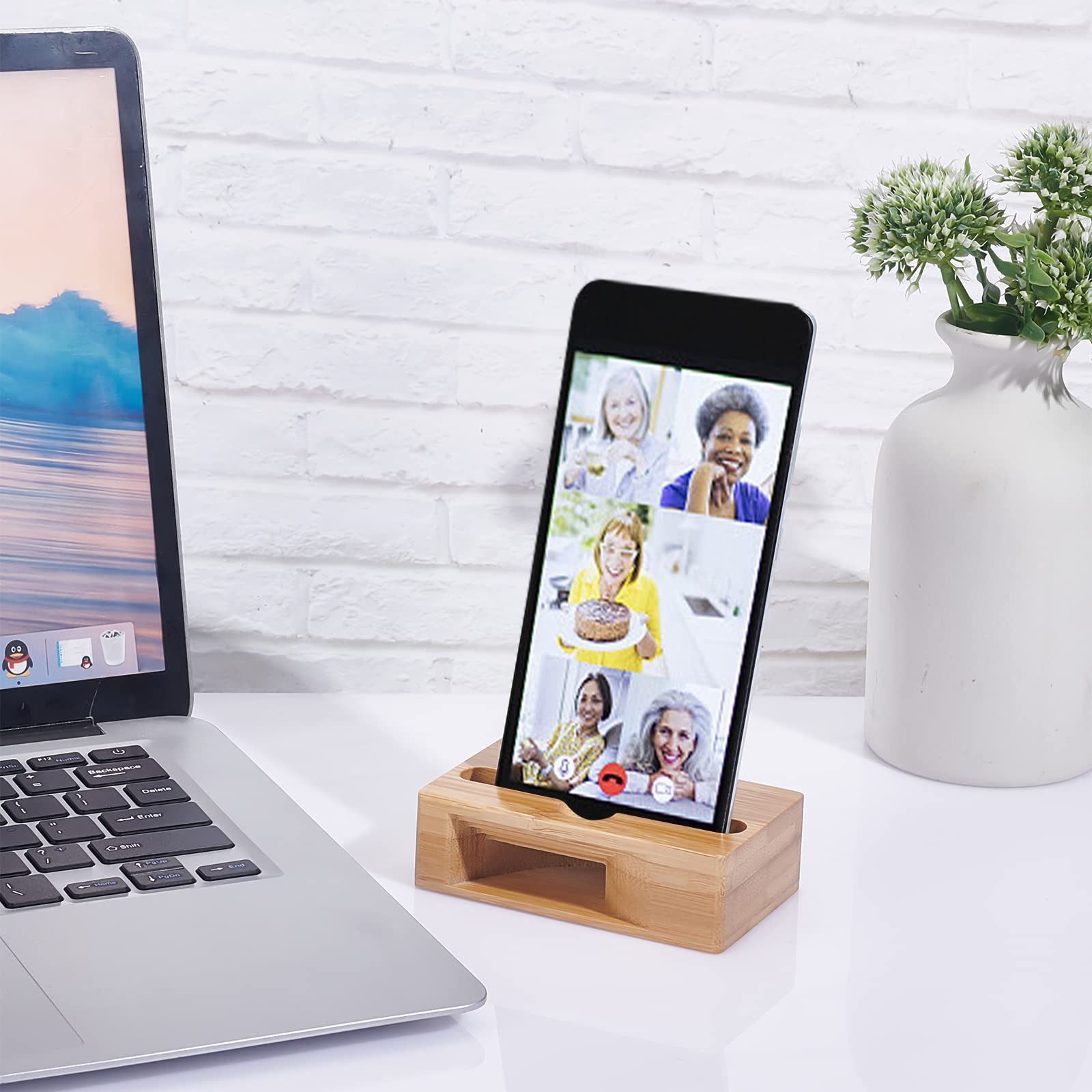 WEBEEDY 2-Pack Bamboo Phone Stand Amplifier - Portable Desktop Cell Phone Holder for iPhone & Android - Perfect for Office, Home, Watching Videos & Video Calls