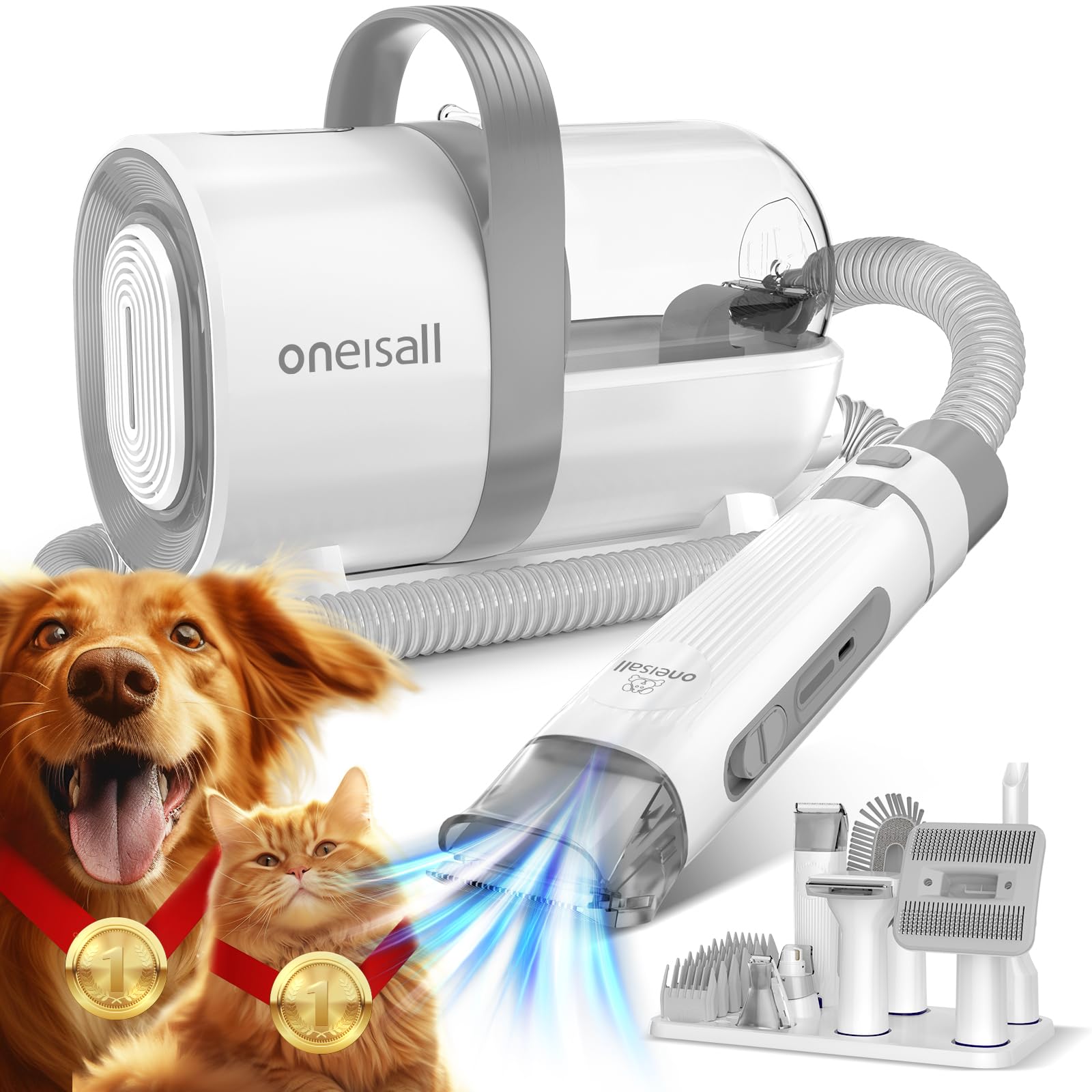 Oneisall Dog Grooming Vacuum with Clipper & Nail Grinder - 1.5L Dust Cup Pet Hair Vacuum Brush, 7-in-1 Deshedding Kit for Dogs & Cats - Perfect for Home Cleaning & Pet Grooming Salon Use
