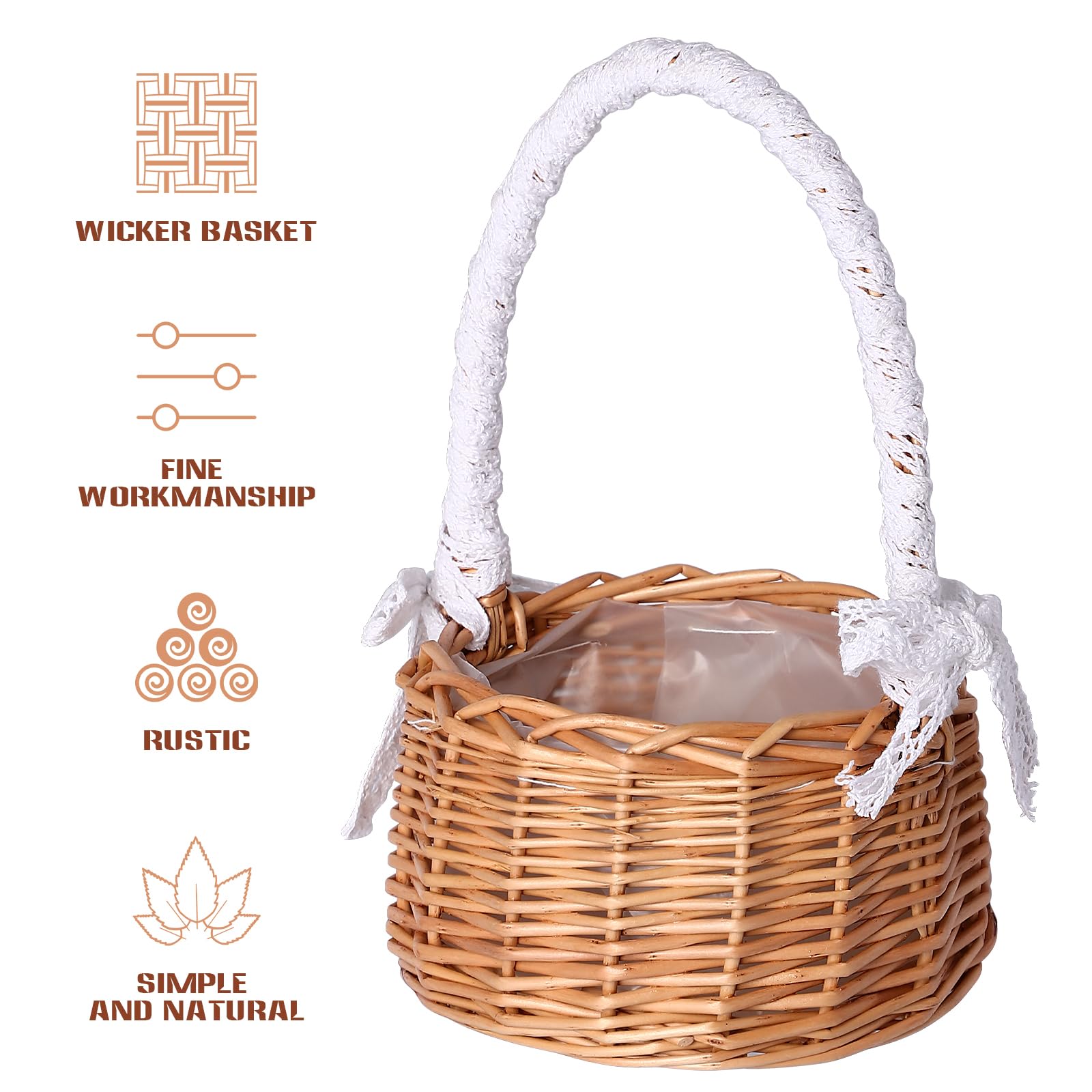 Handmade Rattan Flower Basket - Wicker Planter with Liner & Handle for Wedding, Home Decor, Candy Display | Perfect for Flower Girls, Centerpieces, and Rustic Decorations