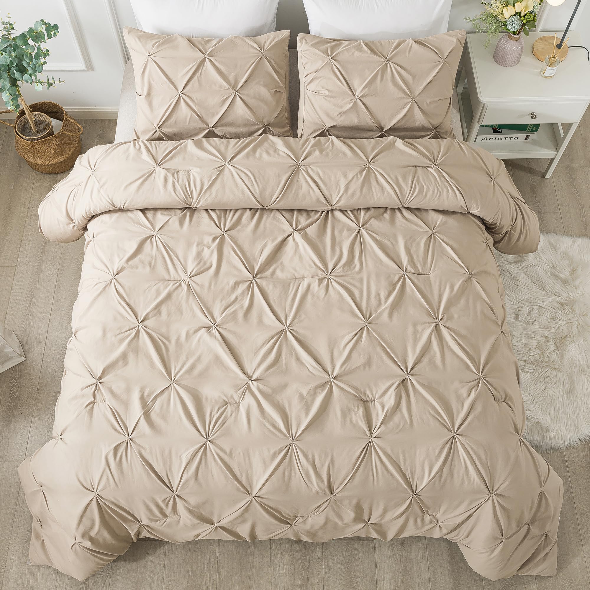 Andency Khaki Pinch Pleat Comforter Set Twin Size 66x90 Inch - 2 Piece Microfiber All Season Down Alternative Bedding (Comforter + Pillowcase) - Soft Pintuck Design for Cozy Bedroom Decor & Guest Room Essentials