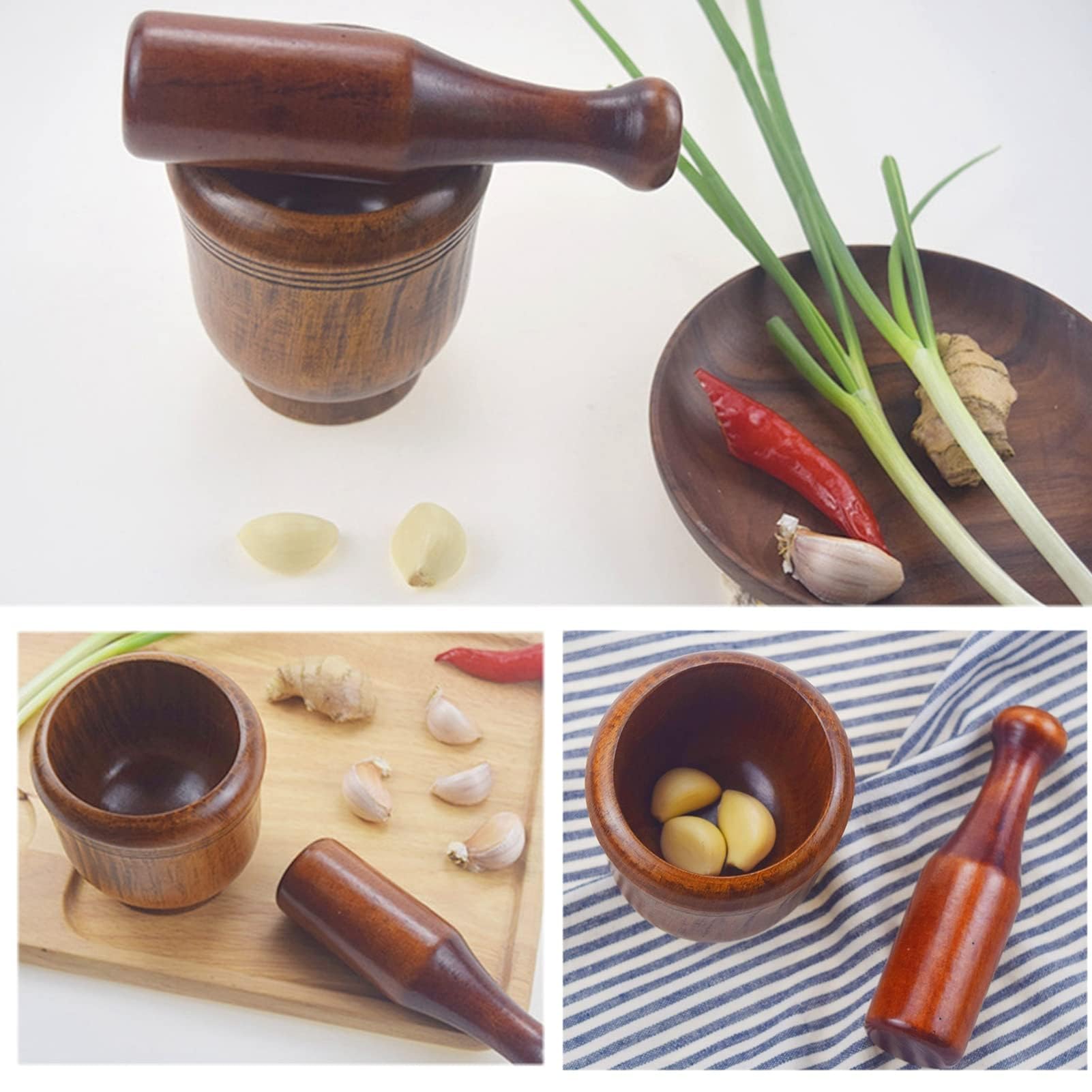 Wooden Mortar and Pestle Set - Handheld Garlic Masher, Herb Grinder & Spice Crusher for Kitchen - Perfect for Grinding Herbs, Spices, Seasonings & Making Fresh Pesto, Guacamole & Curry Pastes
