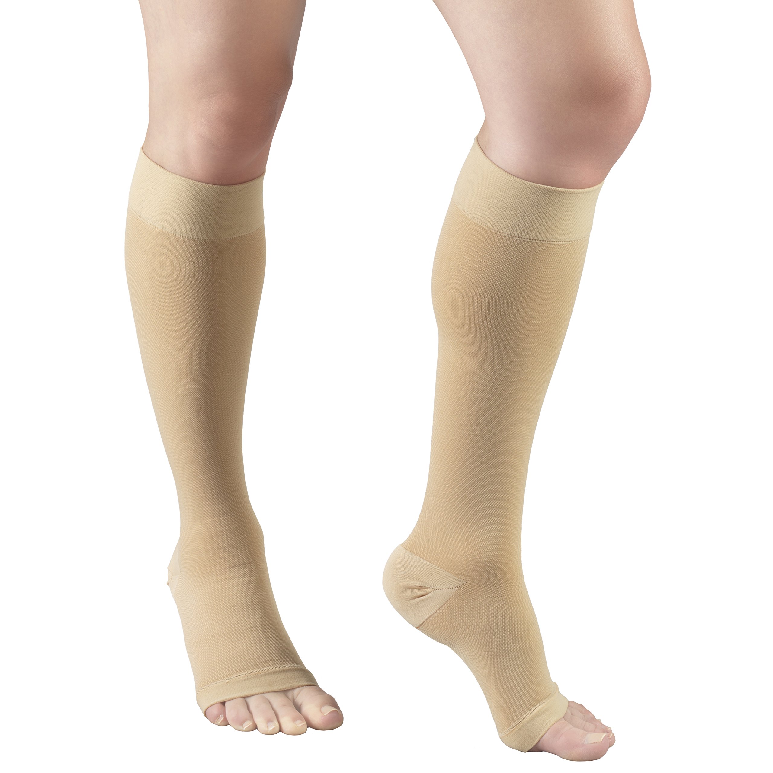 Truform 15-20 mmHg Compression Socks for Men & Women - Knee High Open Toe Beige Medium Size - Ideal for Travel, Varicose Veins & Circulation Support