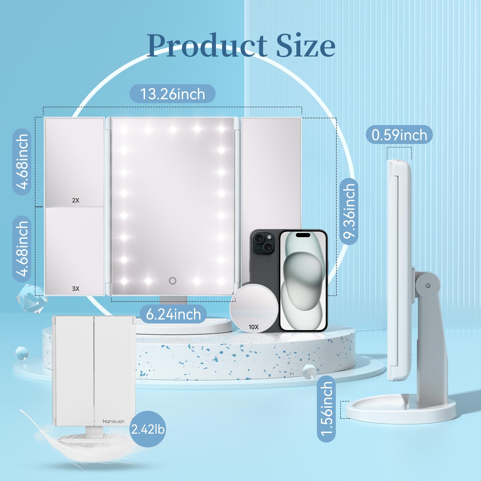 Professional LED Vanity Mirror with Lights - 1X/2X/3X/10X Magnification, Touch Control & Dual Power Supply - Portable Makeup Mirror for Women - Perfect for Home, Travel & Salon Use (White)