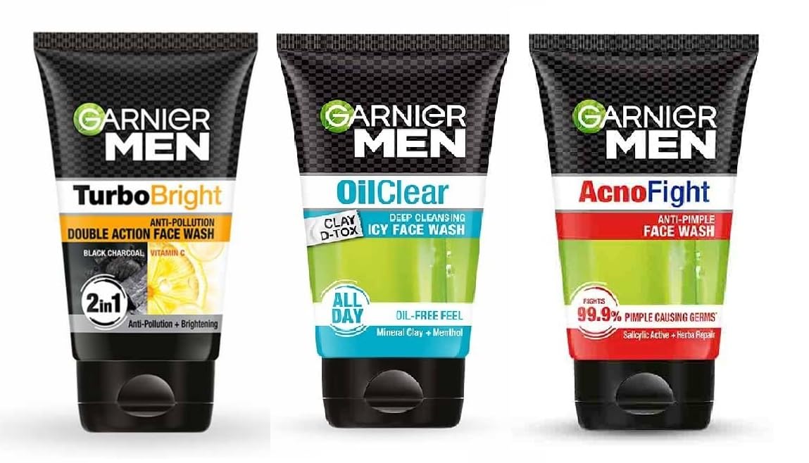 GARNIER Men Acnofight Turbo Bright Anti-Pollution Face Wash - Oil Clear Clay D-Tox Deep Cleansing Icy Formula (300ml, Pack of 3) | For Oily & Acne-Prone Skin | Daily Face Cleanser for Men with Anti-Pollution Protection & Brightening Effect