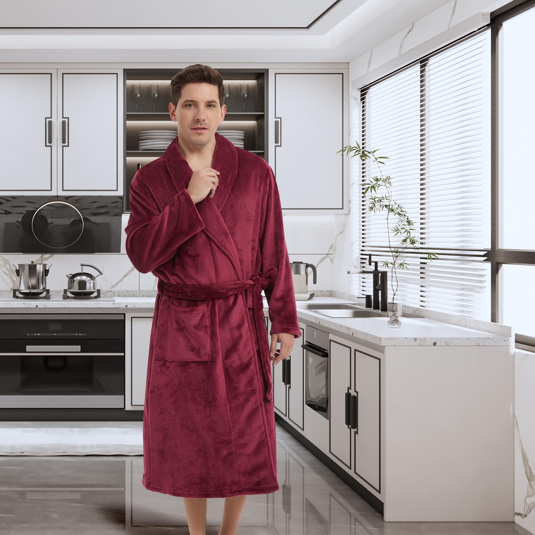 Men's Fleece Bathrobe - Long Warm Spa Robe with Belt & 2 Pockets for Home Relaxation, Lounging & Winter Comfort