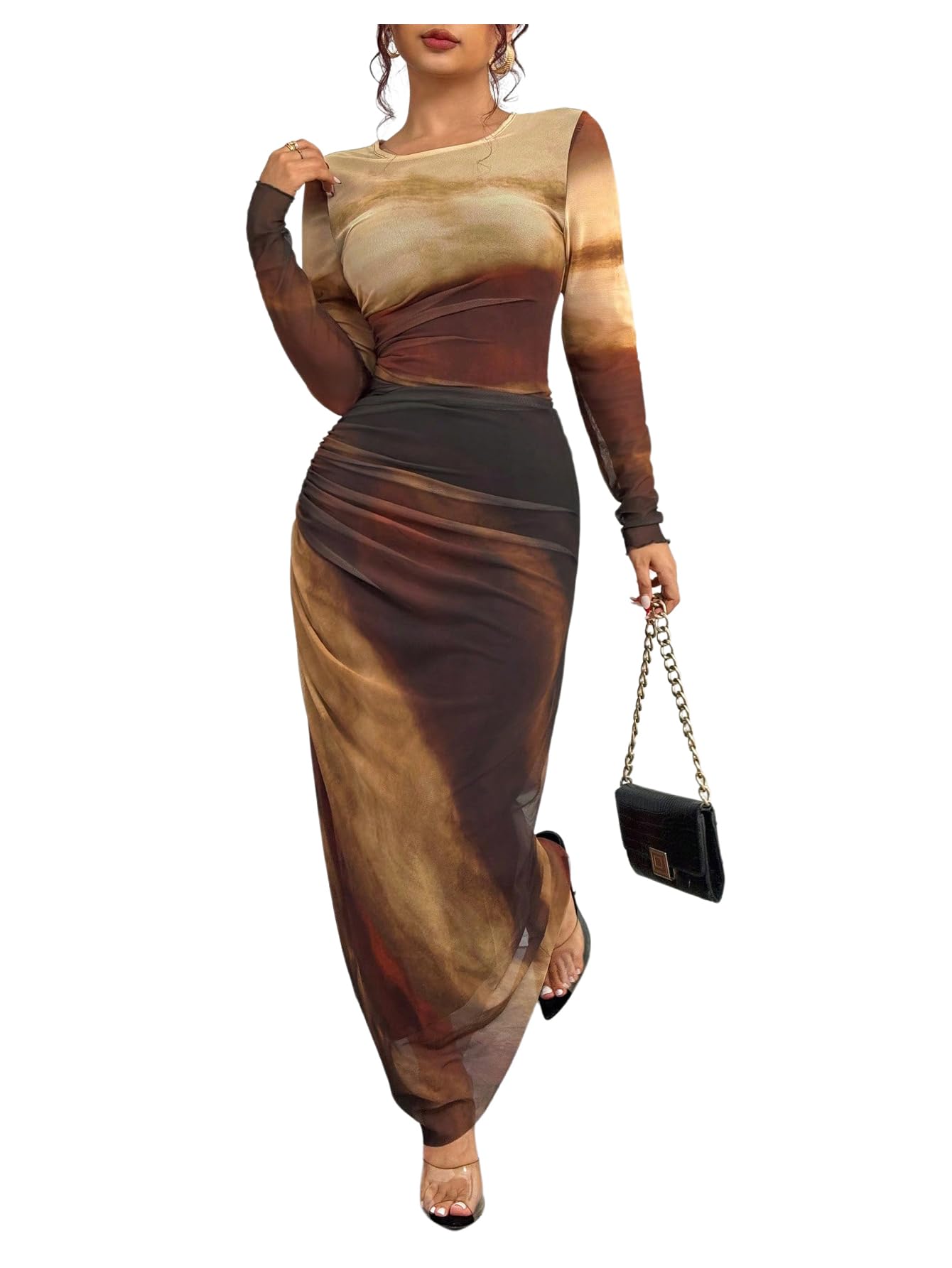 Women's Tie Dye Ruched Long Sleeve Bodycon Maxi Dress - Slim Fit Mesh Party Dress for Night Out, Date Night & Summer Vacation