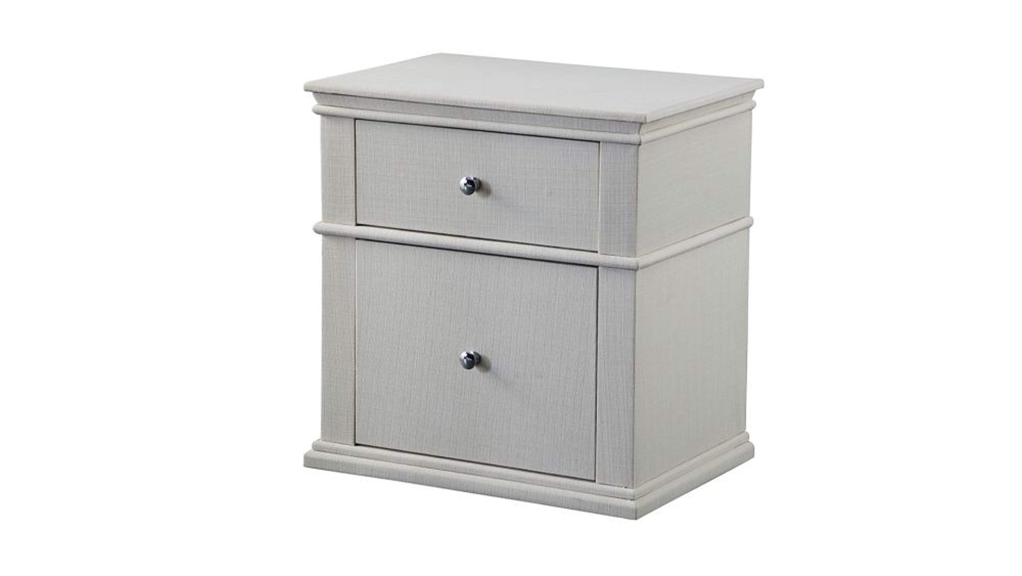 White Wooden Nightstand with 2 Drawers & Fabric Upholstery - Benjara Bedside Table for Bedroom, Living Room, or Nursery Storage