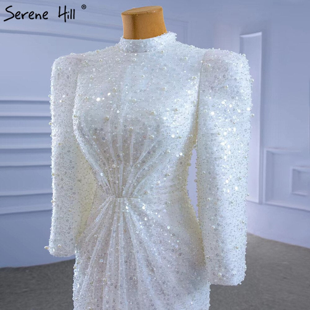 Luxury Elegant Beaded Muslim Mermaid Evening Dress for Women - White Formal Gown for Party, Wedding, Prom & Special Occasions - Serene Hill Collection HM67335