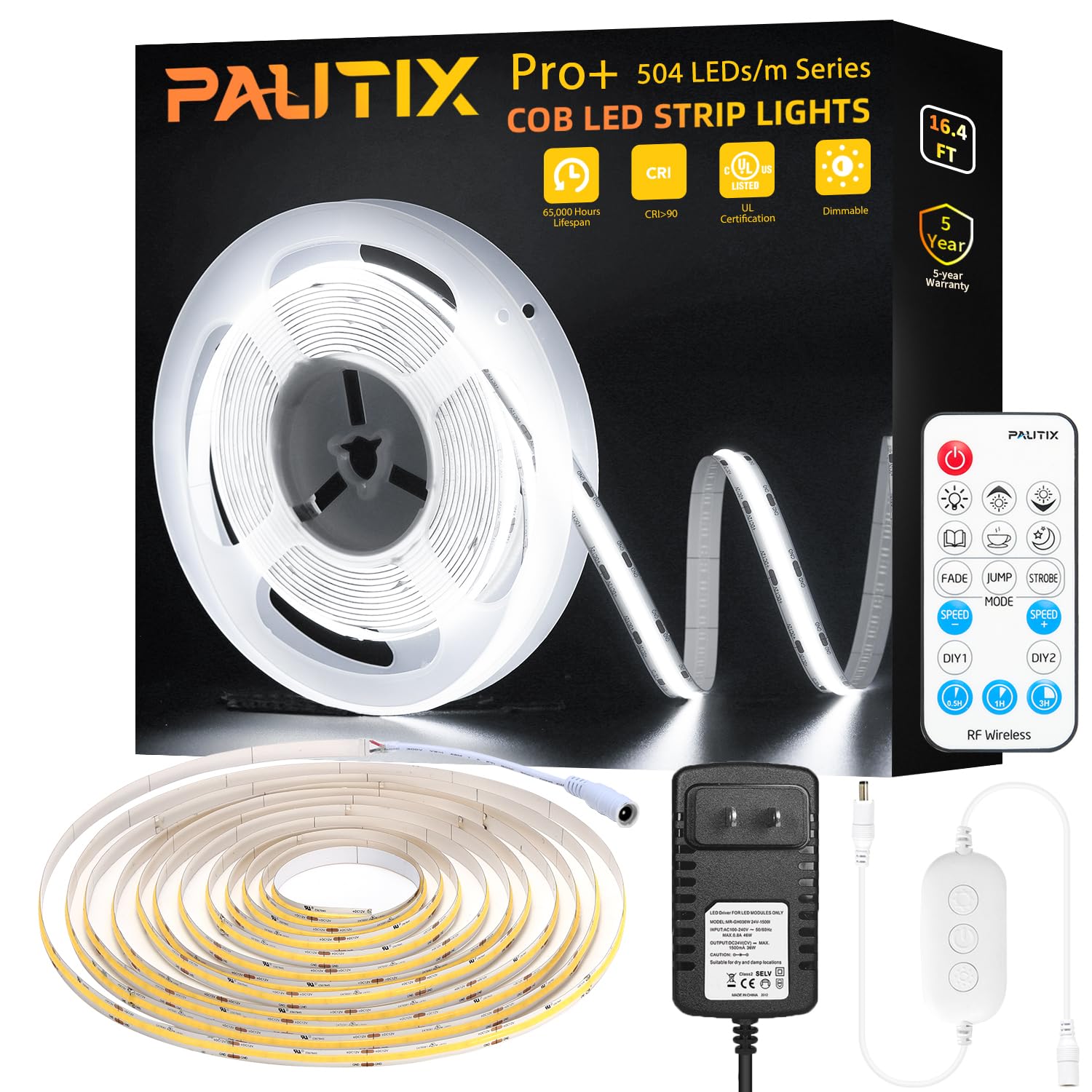 PAUTIX COB LED Strip Light 2520 LEDs - Ultra Bright 5200 Lumens 6500K Daylight White 16.4ft/5m Dimmable 24V LED Tape Light with 3M Adhesive & RF Remote (Timer Function) - 36W Power Supply - Perfect for Bedroom Lighting, Home Decoration, Kitchen Cabinet DIY Projects