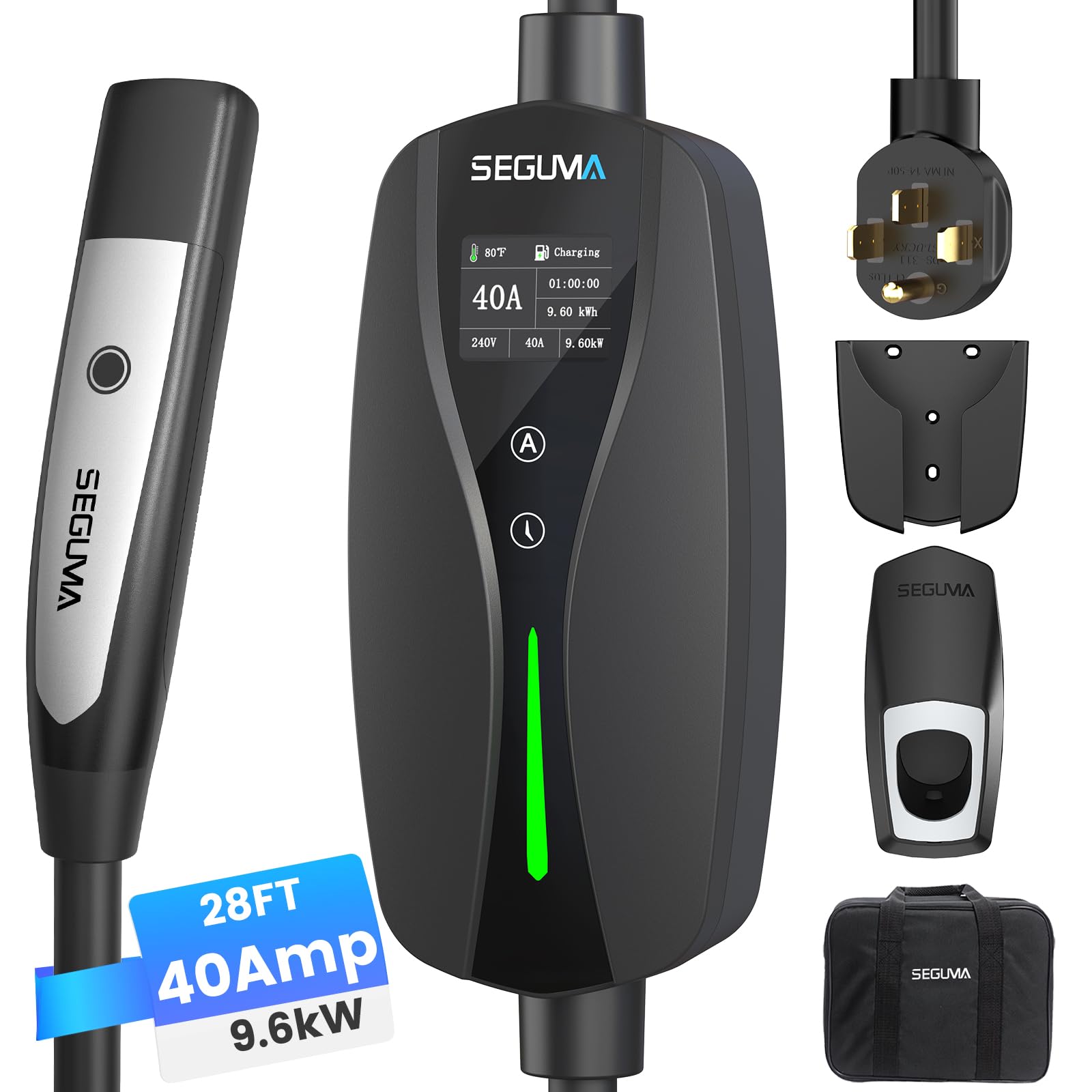 Fast Charging 40A 240V Portable EV Charger for Tesla - NACS Connector with 28FT Cable, NEMA 14-50 Plug, Adjustable Current & Timer - Perfect for Home, Road Trips & Emergency Charging Needs