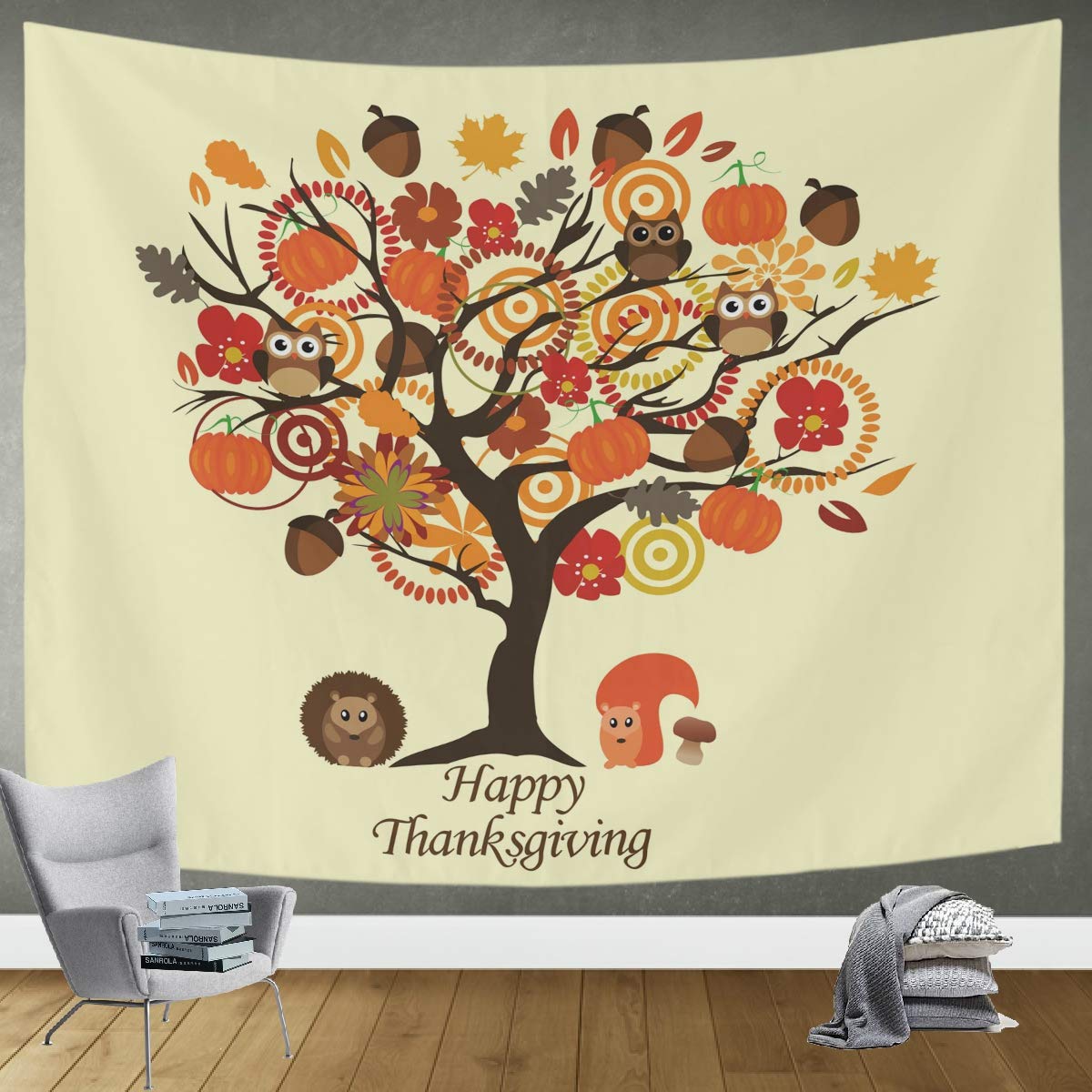 DOMIKING Thanksgiving Tree Owl Tapestry Wall Hanging - 60x51in Bohemian Decor for Bedroom, Living Room & Office | Nature-Inspired Wall Art for Home Decor, Dorm Room & Meditation Space