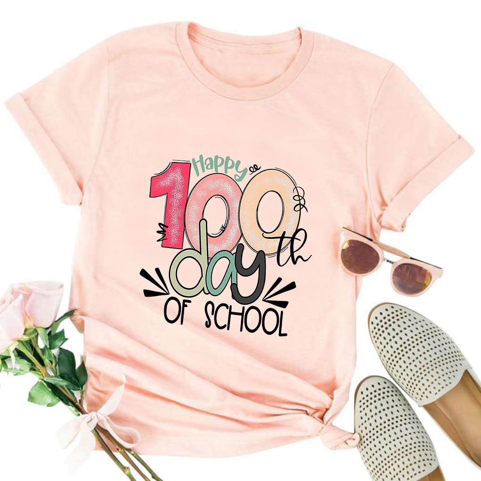 FYAPHION 100 Days of School Shirt for Women & Teachers - Happy 100th Day Celebration T-Shirt - Perfect Teacher Appreciation Gift for Classroom Milestones & School Events