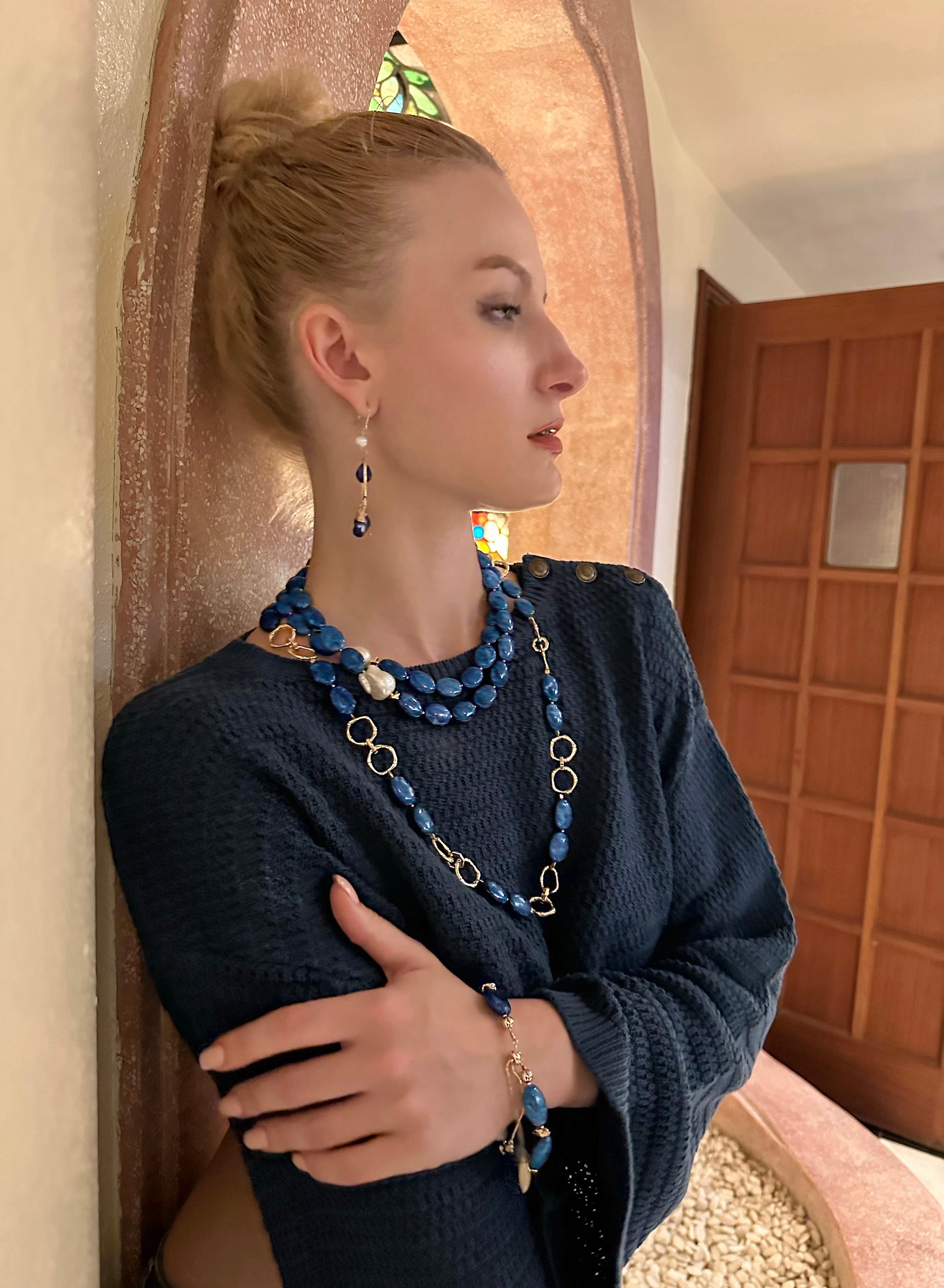 Blue Agate Baroque Double Wrapped Necklace KN020 - Elegant Boho Jewelry for Women, Perfect for Layering & Everyday Wear