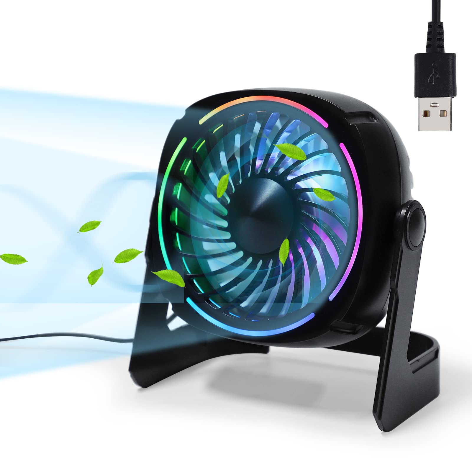 RGB Small USB Desk Fan - 6 Inch Mini Fan with 8 Color Light Modes & 3 Speed Settings, 60
