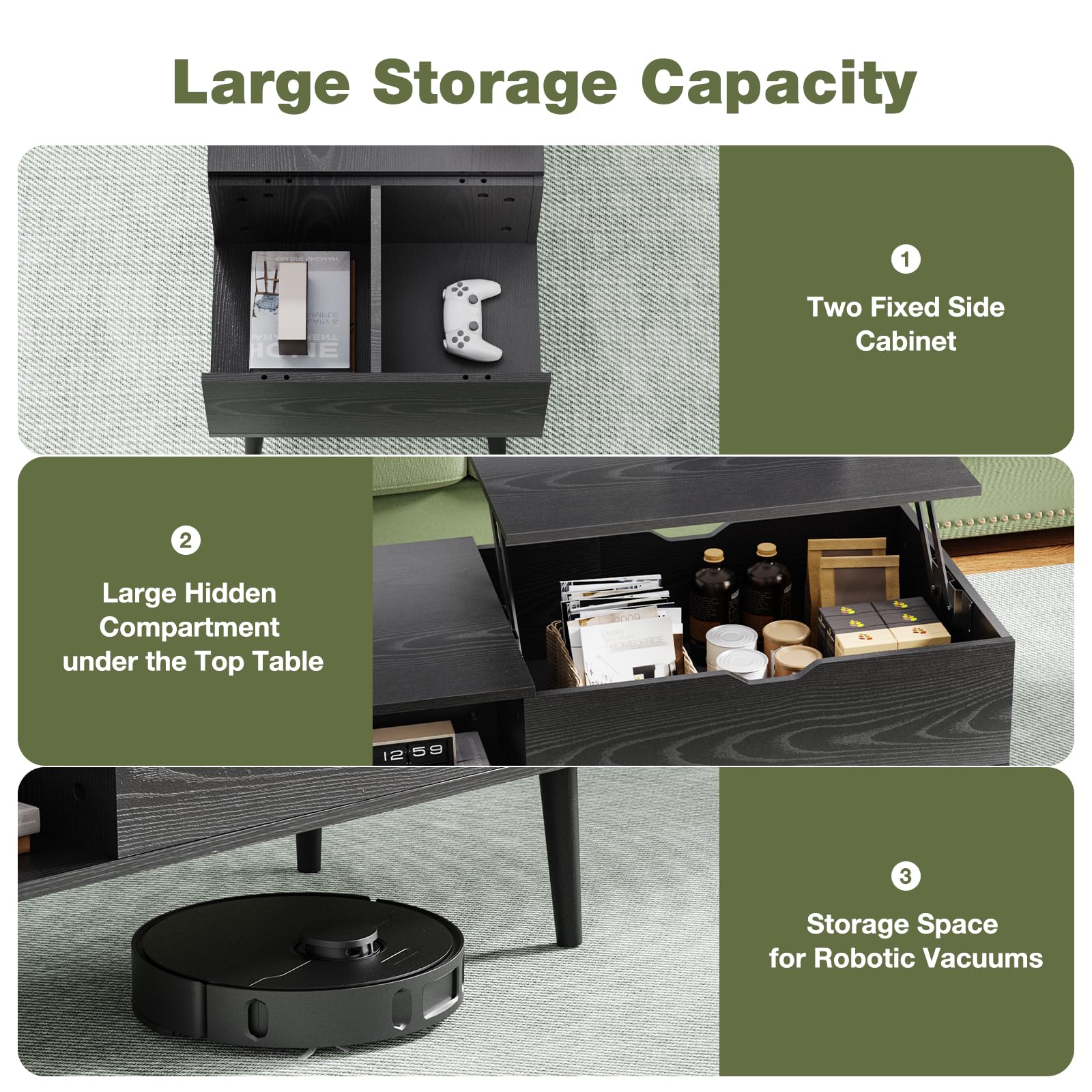 Wood Lift Top Coffee Table, Hidden Compartment and Large Storage Shelf, Versatile for Living Room, Home Office, and Dining, Black Finish
