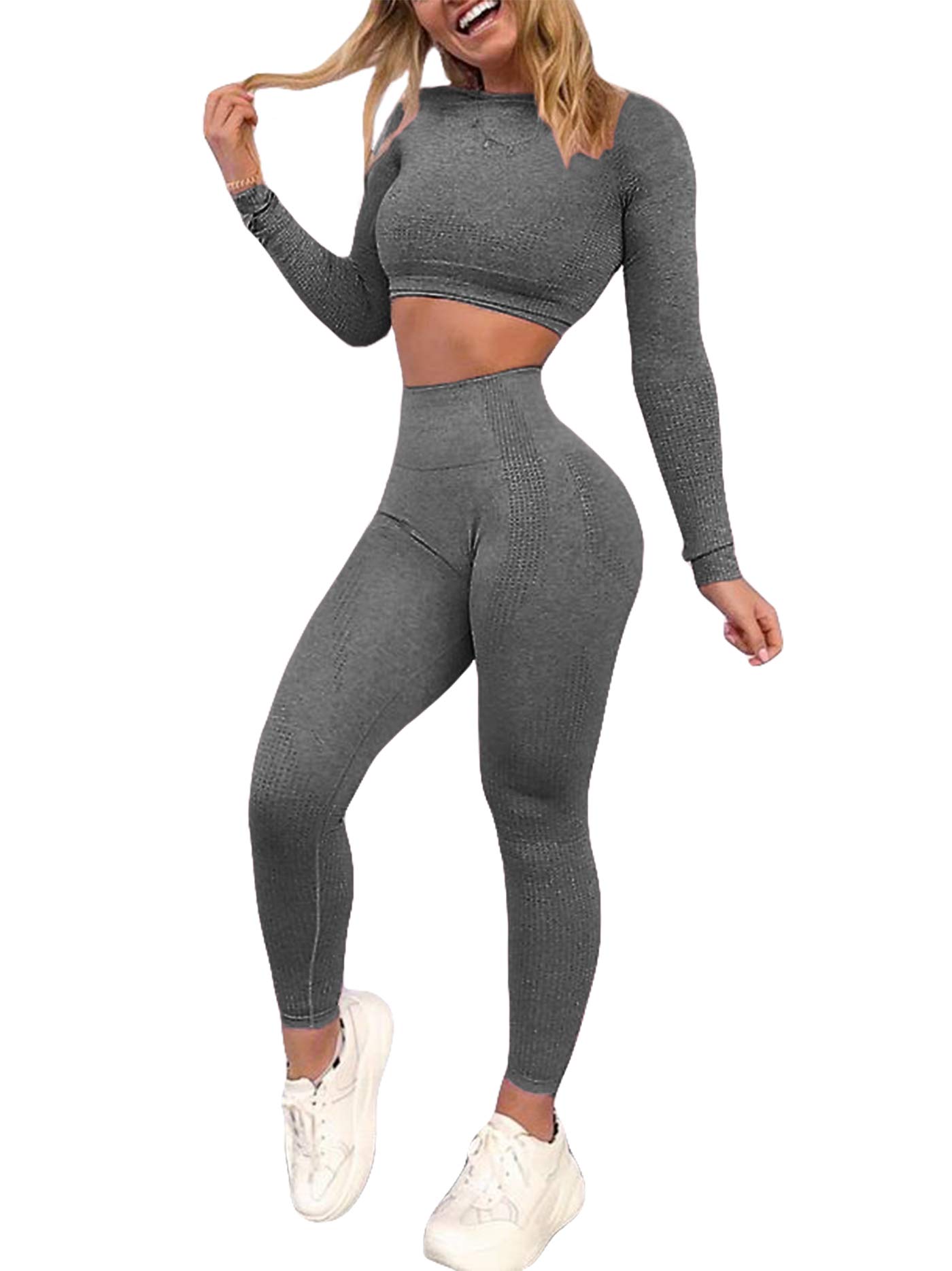 Seamless High Waist Yoga Pants & Long Sleeve Crop Top 2-Piece Workout Set for Women - Gym, Yoga & Fitness Outfit - Perfect for Running, Pilates & Home Exercises