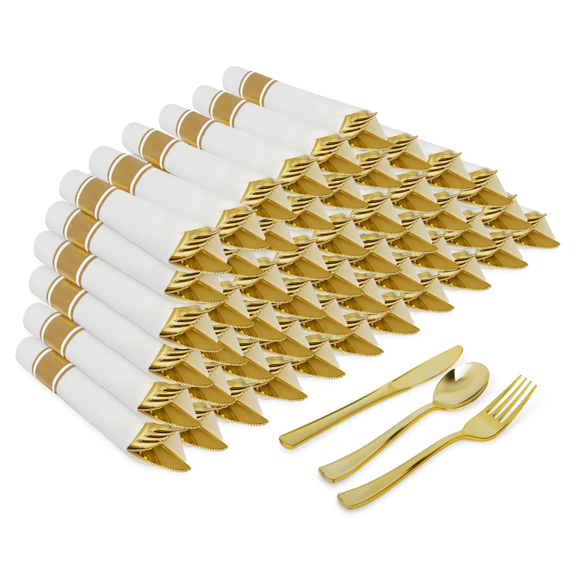 50-Piece Gold Wrapped Plastic Cutlery Set with White Napkins - Disposable Silverware for Parties, Weddings & Events - Elegant Forks, Spoons & Knives - Perfect for Catering, Birthday Celebrations & Formal Dinners - By Zulzzy