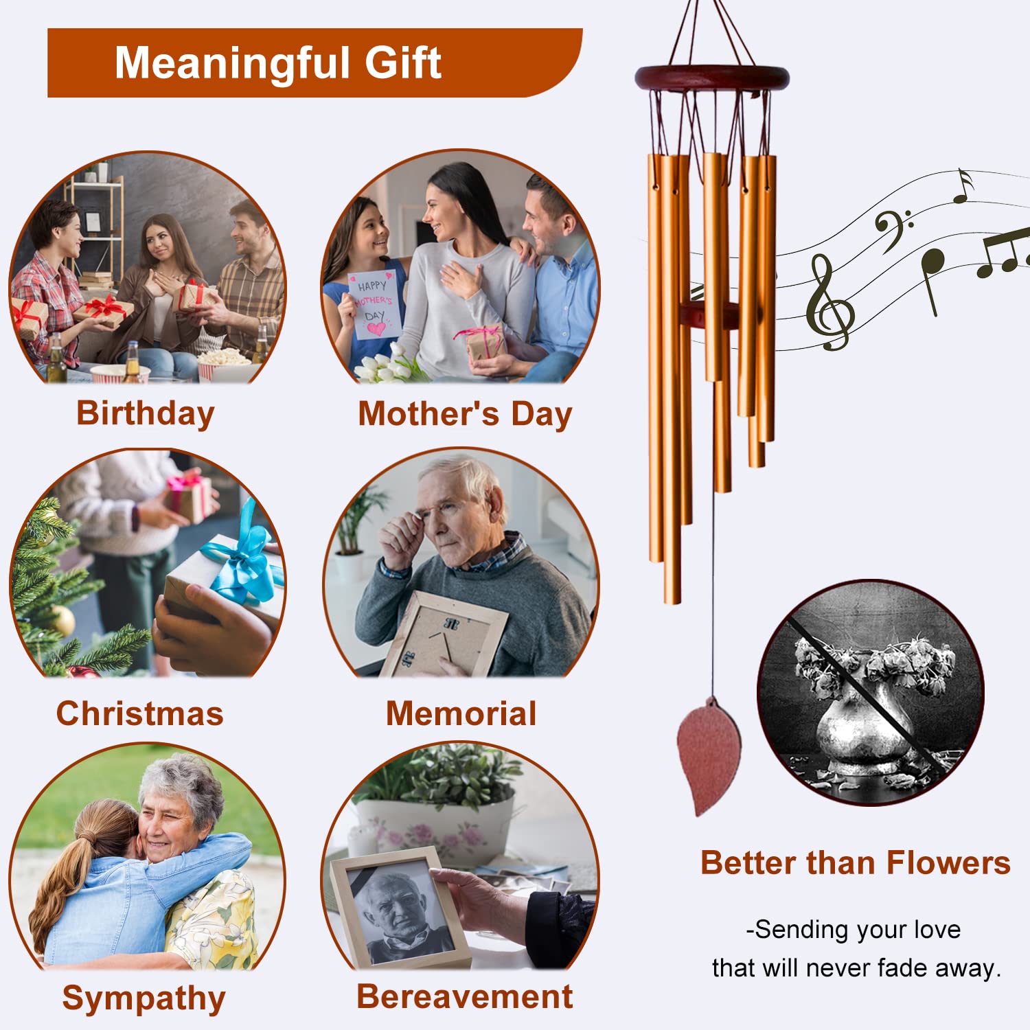 Outdoor Wind Chimes with 8 Metal Tubes & Hook - Memorial Wind Chimes for Garden, Patio, Porch - Small Wind Chimes for Relaxation & Decoration