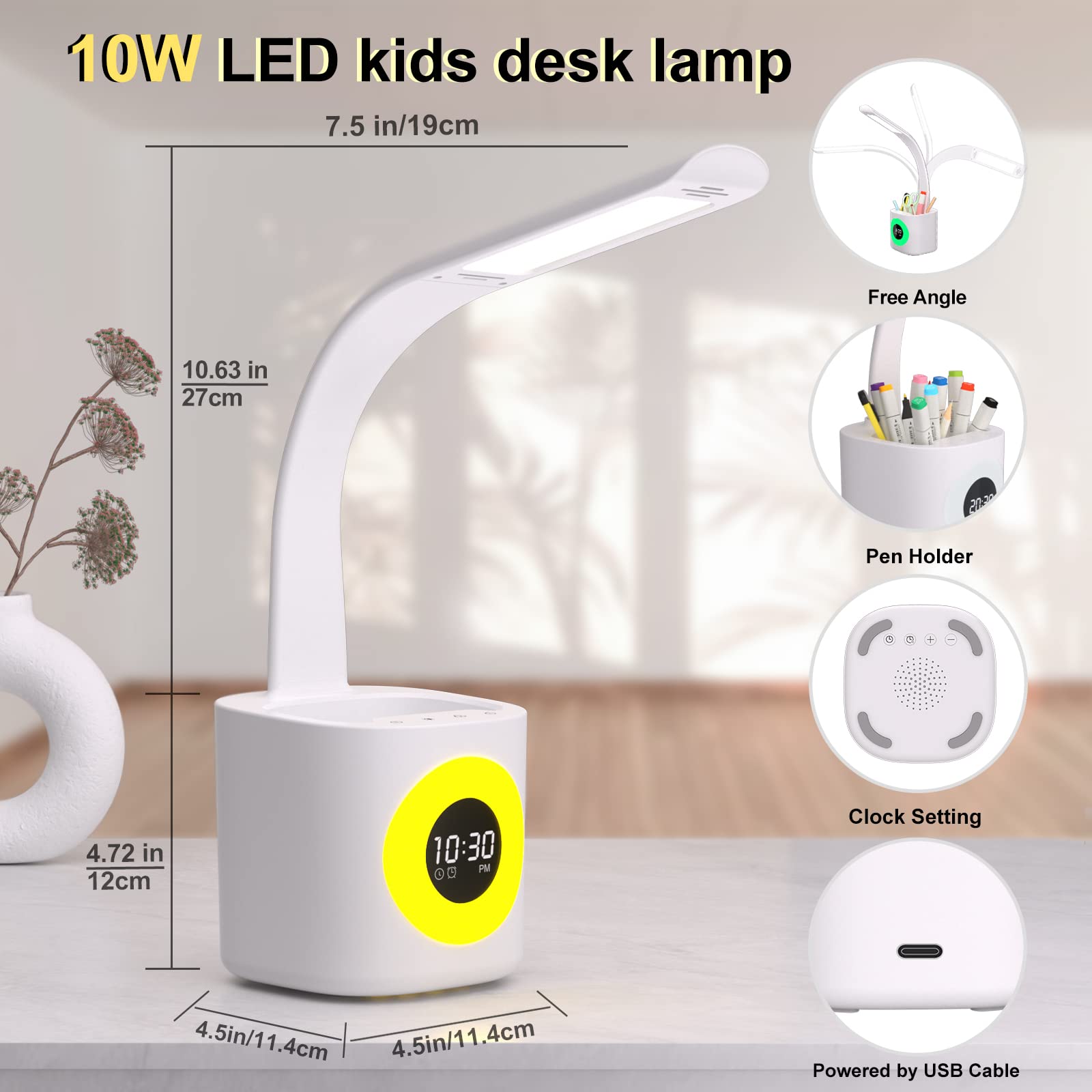 YOUKOYI LED Desk Lamp with Clock - 10W Dimmable Study Light with 4 Modes & 5 Brightness Levels, Color Changing Nightlight & Pen Holder - Perfect for Kids' Study Room, Home Office & Gift Giving