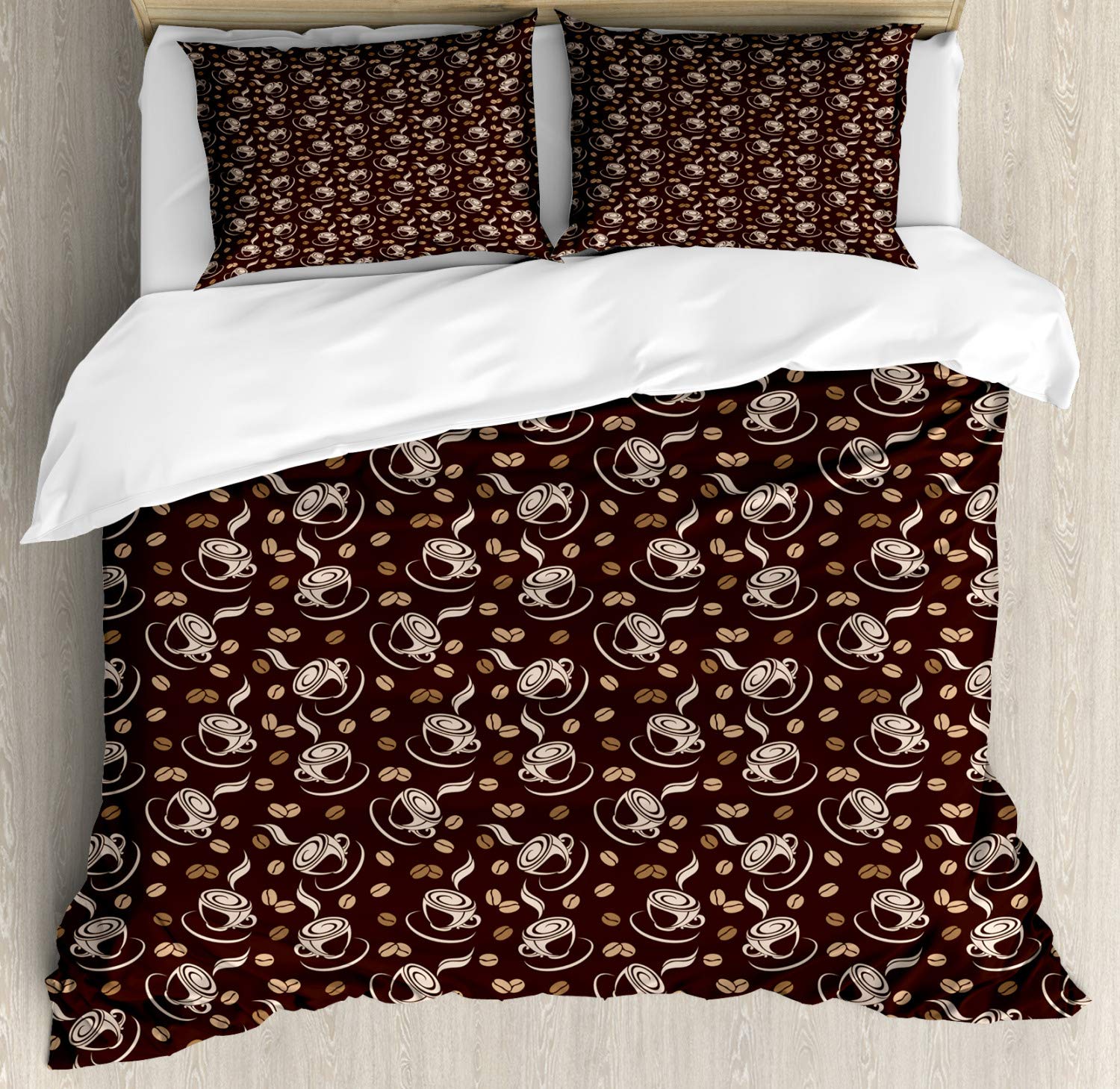 Lunarable Coffee Duvet Cover Set - Abstract Coffee Cup & Bean Silhouette Design, 3-Piece Queen Size Bedding with 2 Pillow Shams in Brown/Beige | Perfect for Coffee Lovers' Bedroom Decor & Gift Ideas