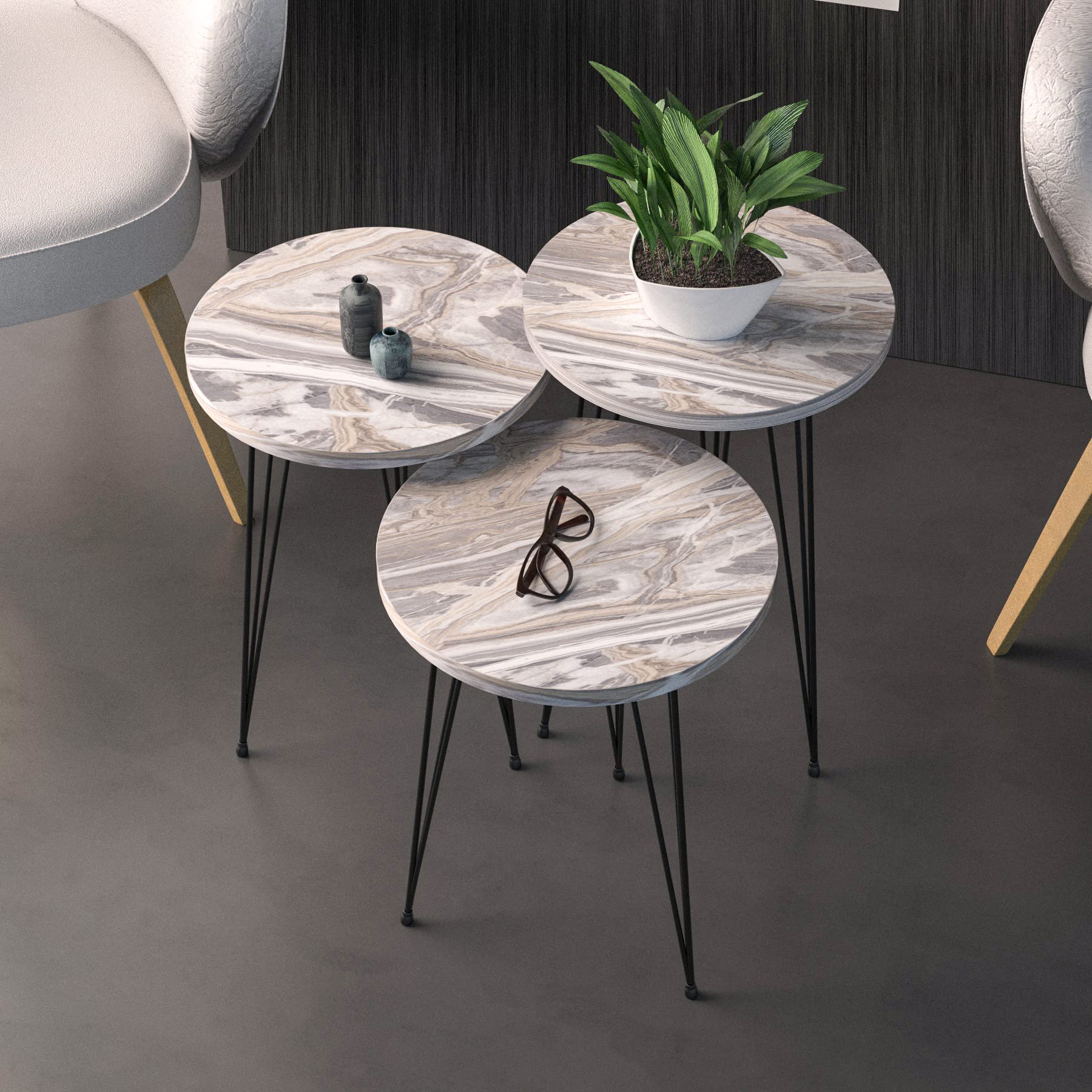 PAK HOME Set of 3 Grey Marble Nesting End Tables - Round Wood Stacking Coffee Side Tables with Metal Legs for Living Room, Bedroom & Home Office - Perfect for Small Spaces, Modern Decor & Multi-Purpose Use