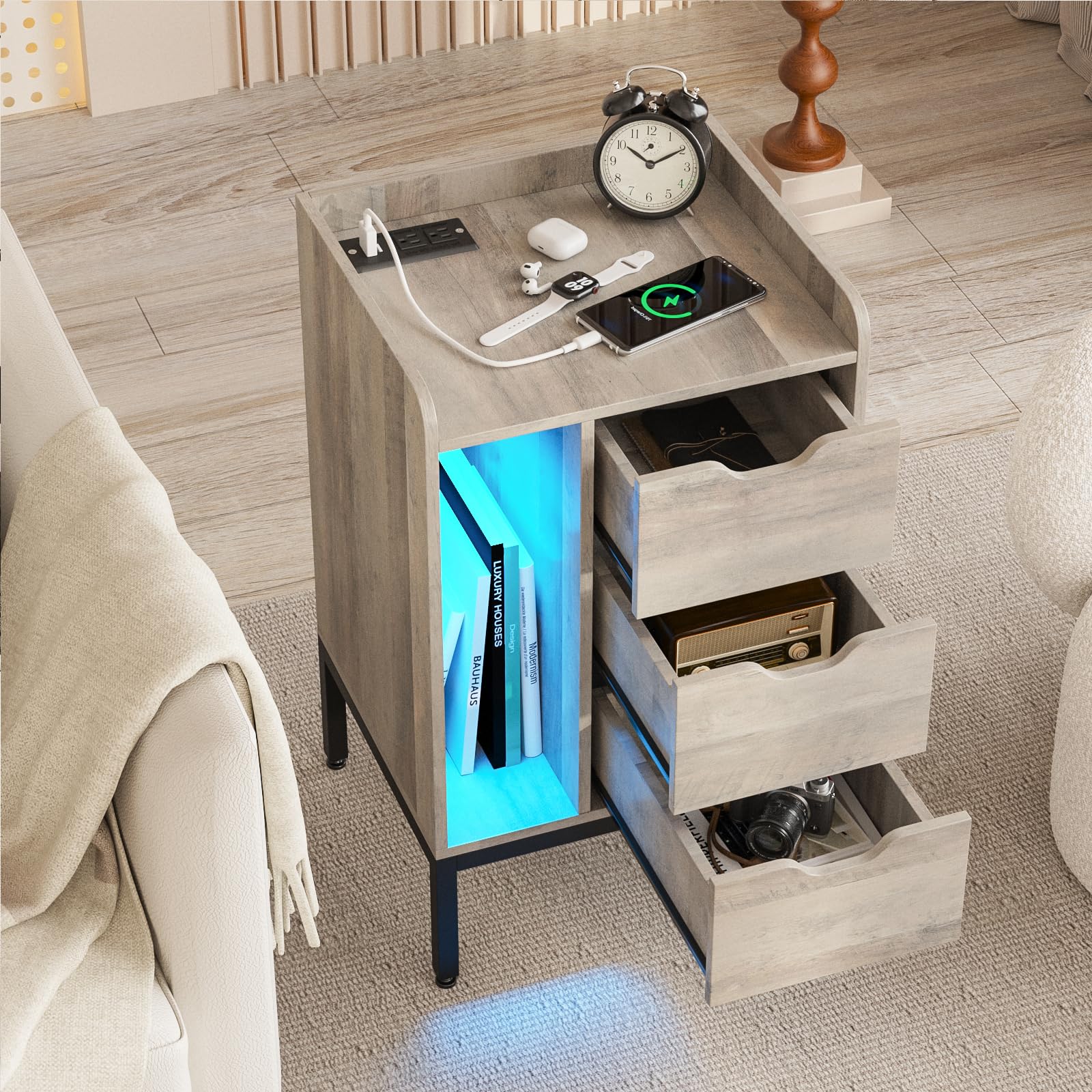 Modern Grey Nightstand with Charging Station, LED Lights & 3 Drawers - USB Outlet End Table for Bedroom & Living Room | Perfect for Small Spaces, Apartment Furniture & Nighttime Charging Convenience