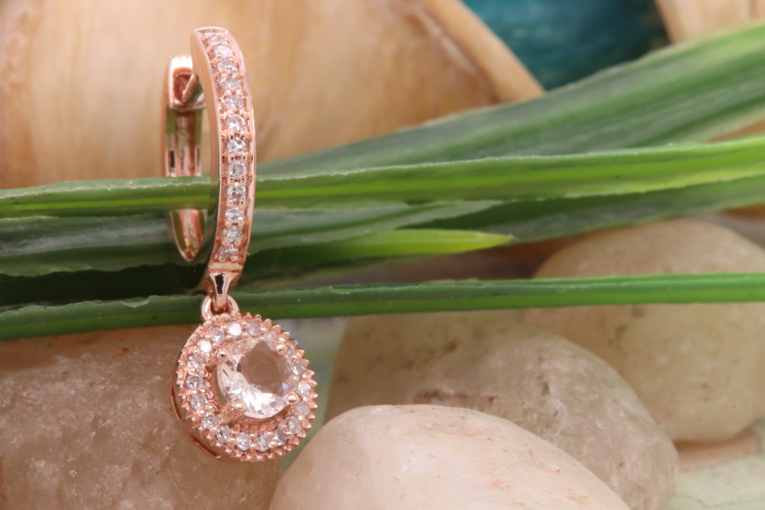 10K Rose Gold Morganite & White Diamond Halo Drop Earrings for Women – Elegant Dangling Jewelry Gift for Brides, Anniversary & Special Occasions