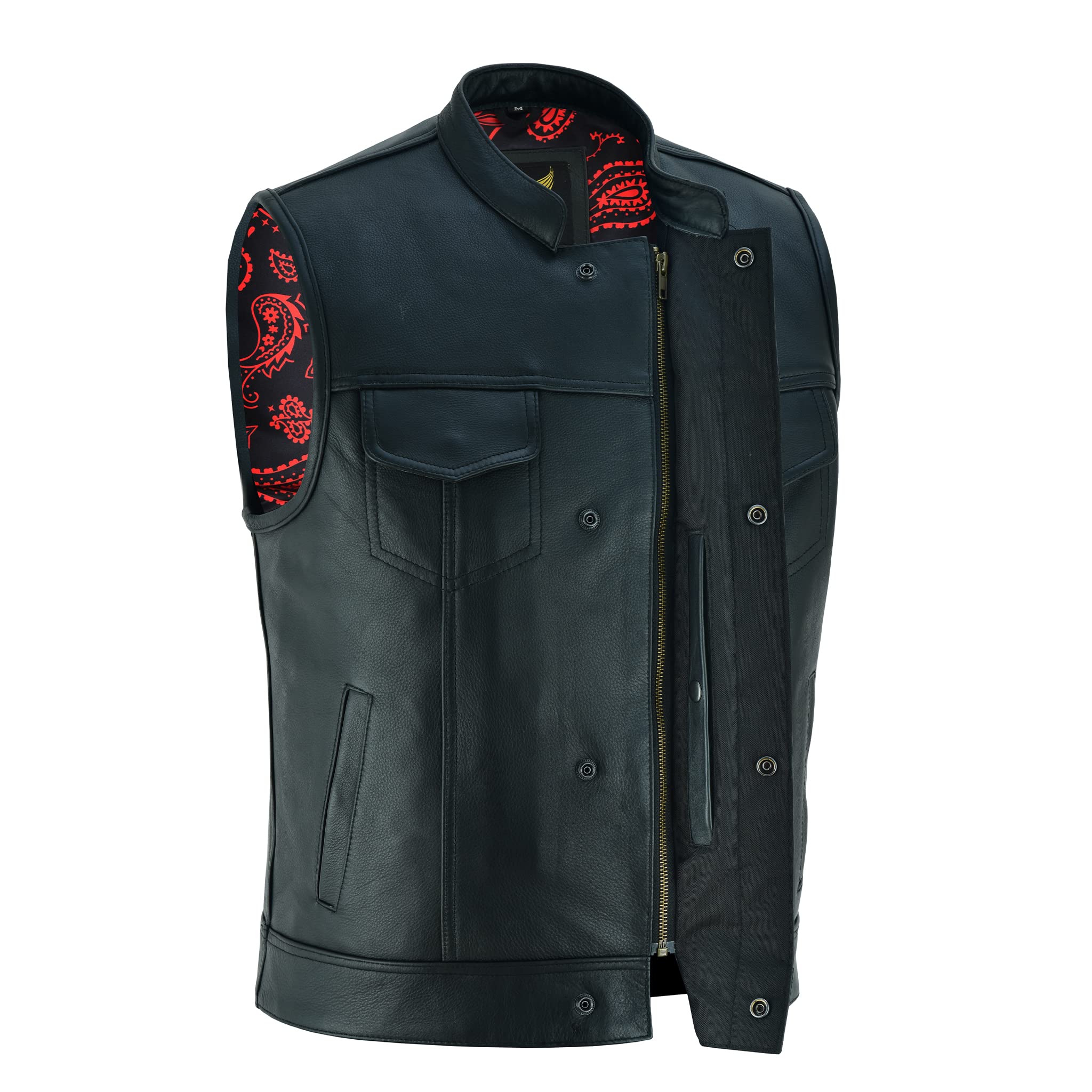 Leatherick Men's Black Motorcycle Vest - SOA Club & Traditional Paisley Satin Lined Leather Biker Jacket for Riding, Motorcycle Events & Casual Wear