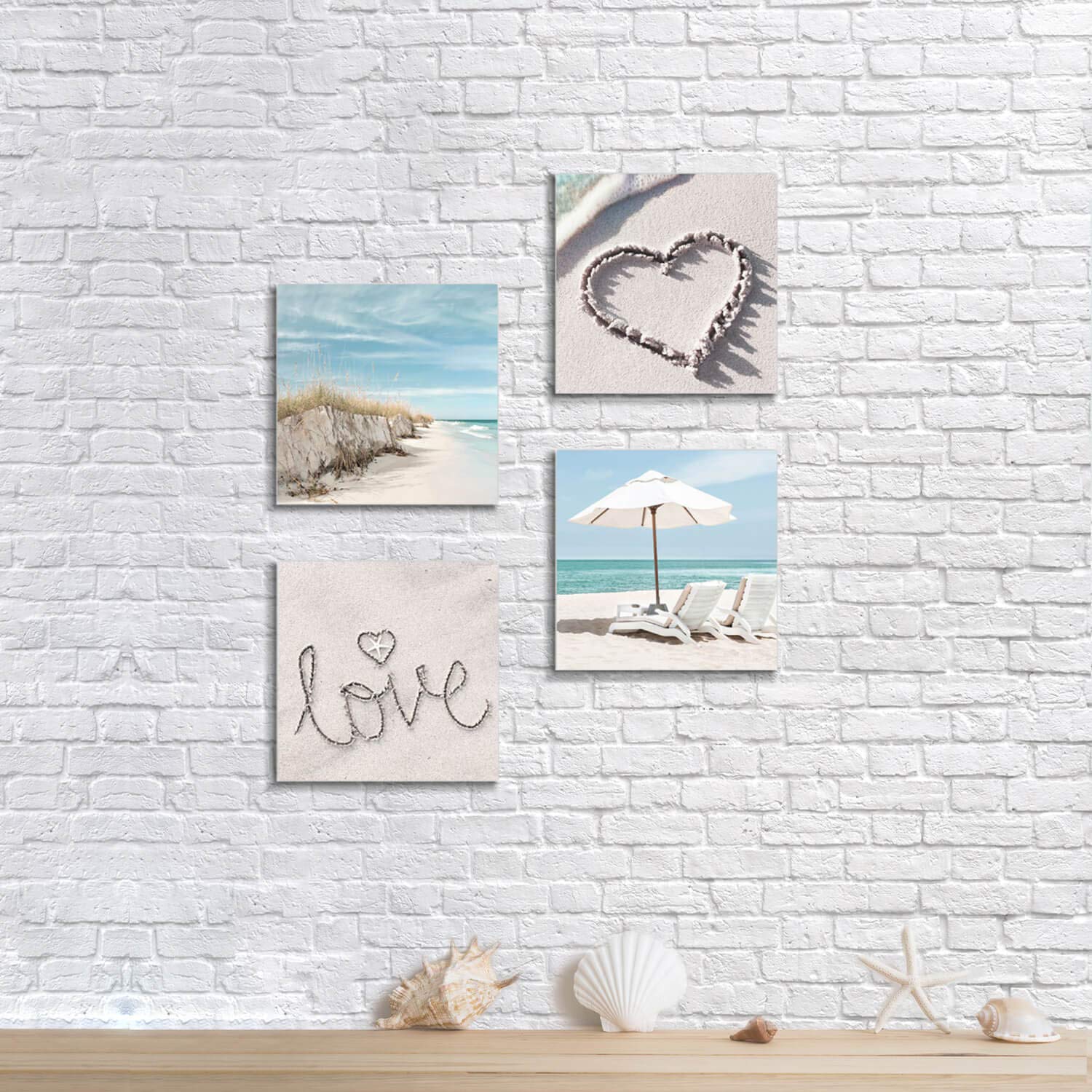 Coastal Canvas Wall Art Set - 4 Piece Beach Painting with Chairs & Sand Dunes, 12x12 Inch Multi-Sized Prints for Kitchen Decor | Perfect for Beach House, Living Room & Coastal Themed Interiors
