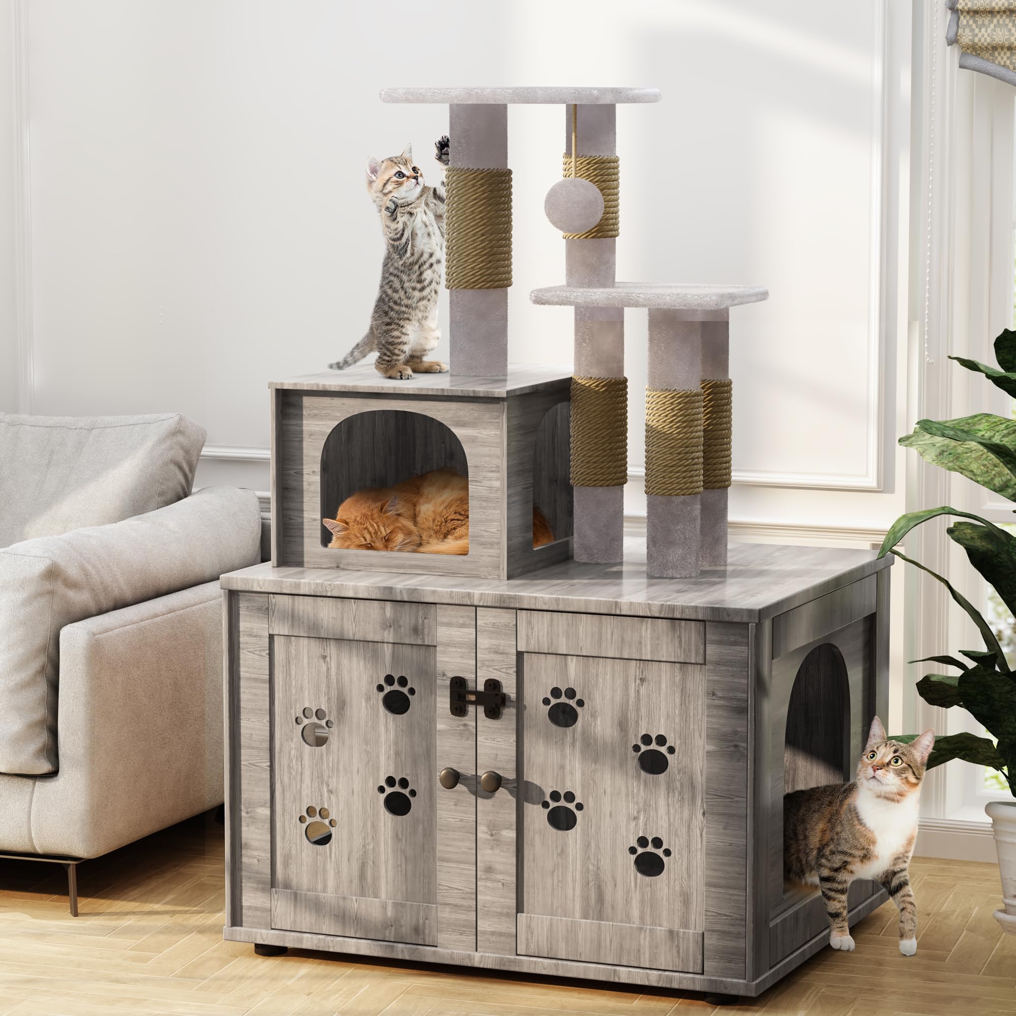 Recaceik Wooden Cat Litter Box Enclosure with Cat Tree & Scratching Post - Hidden Cat Washroom Furniture with Divider, Soft Plush Perch & Platform - Indoor Pet Cabinet for Small Spaces (Gray) - Perfect for Apartments & Multi-Cat Homes