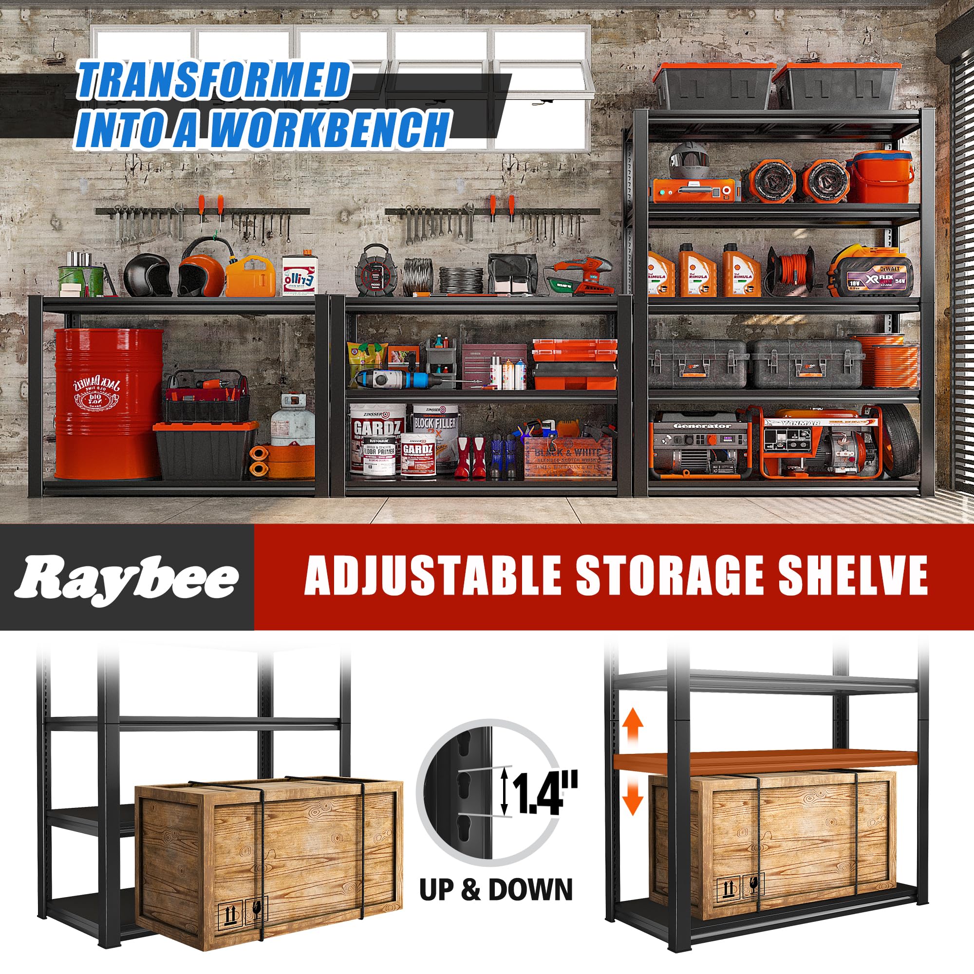 Raybee 5-Tier Heavy Duty Garage Shelving Unit - 2000LBS Capacity Adjustable Metal Storage Shelves (32
