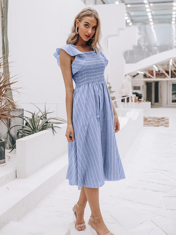 Miessial Women's Casual Summer Midi Dress - Short Sleeve Smocked Linen Boho Dress with Pockets | Beach Wedding Guest Outfit, Vacation Dress, Garden Party Attire