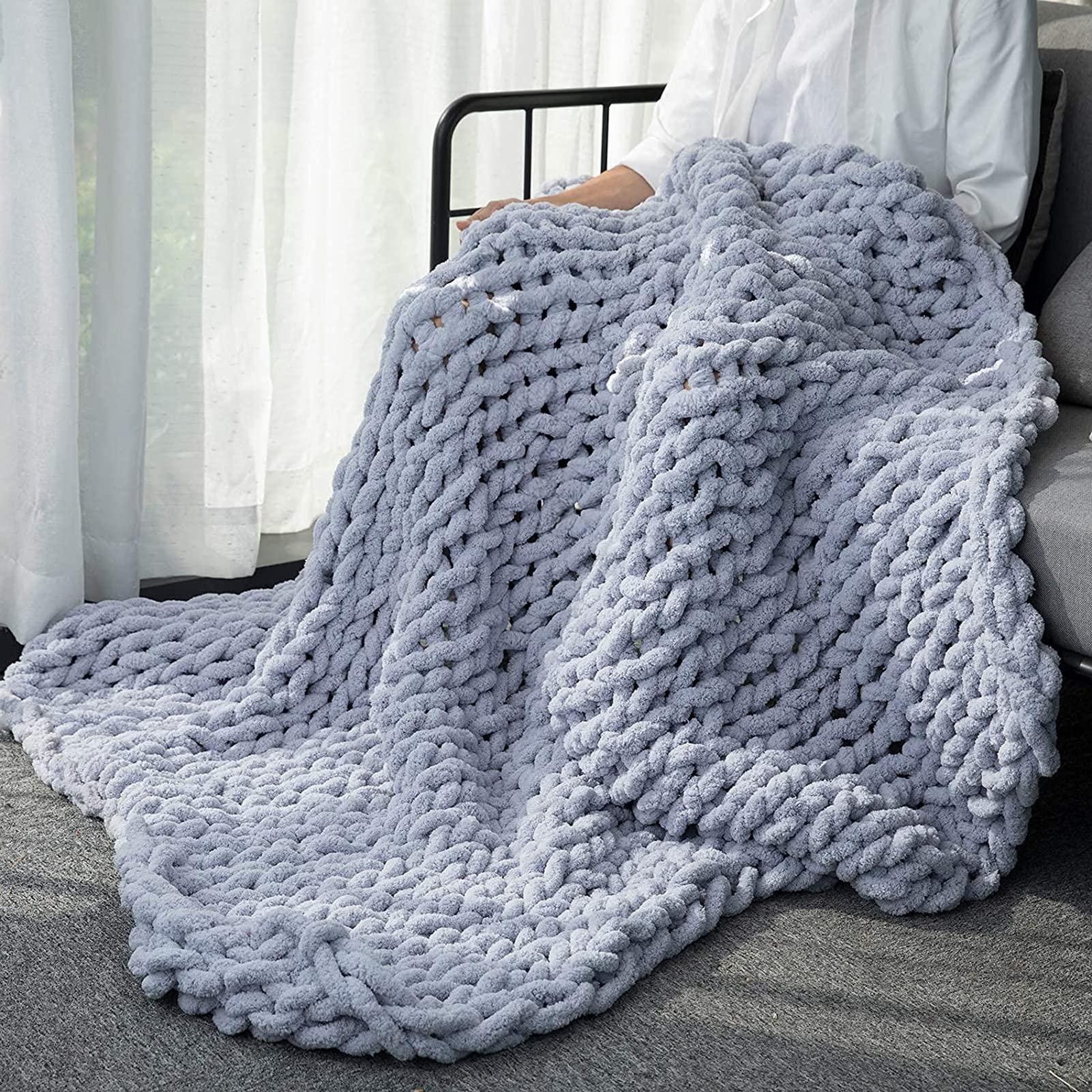 Chunky Knit Blanket - Handmade Chenille Cable Knit Throw - Ultra Soft & Warm Cozy Blanket for Bed, Sofa, or Chair - Perfect Gift for Housewarming, Christmas & Winter Nights