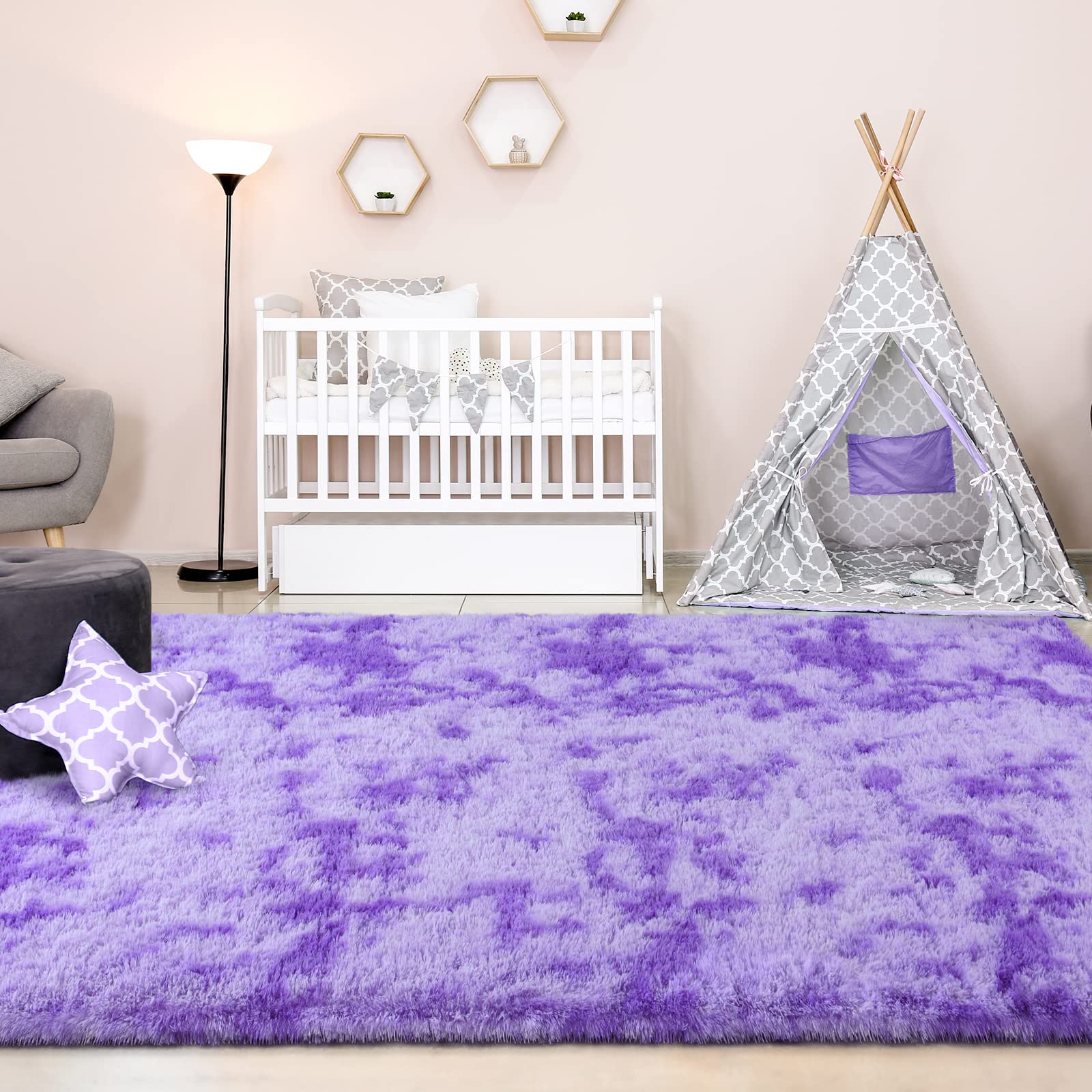 FlyDOIT Purple Tie-Dyed Shaggy Area Rug 4x6 Feet - Ultra Soft Plush Fluffy Living Room Rug, Modern Fuzzy Throw Carpet for Bedroom, Nursery, Kids Room & Dorm Decor - Perfect for Cozy Home & Boho Chic Style