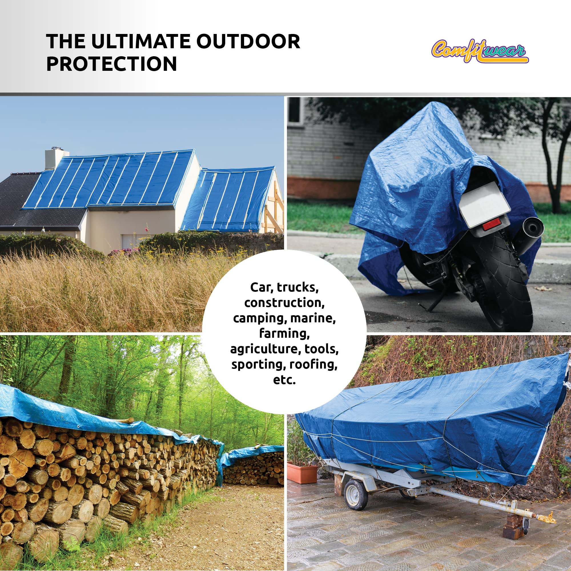 Heavy Duty Waterproof Poly Tarpaulin Cover with Reinforced Grommets - UV Resistant Multi-Purpose Tarp for Pool, Boat, Camping, Canopy & Outdoor Protection - Durable All-Weather Shelter Solution for Home, Garden and Construction Use
