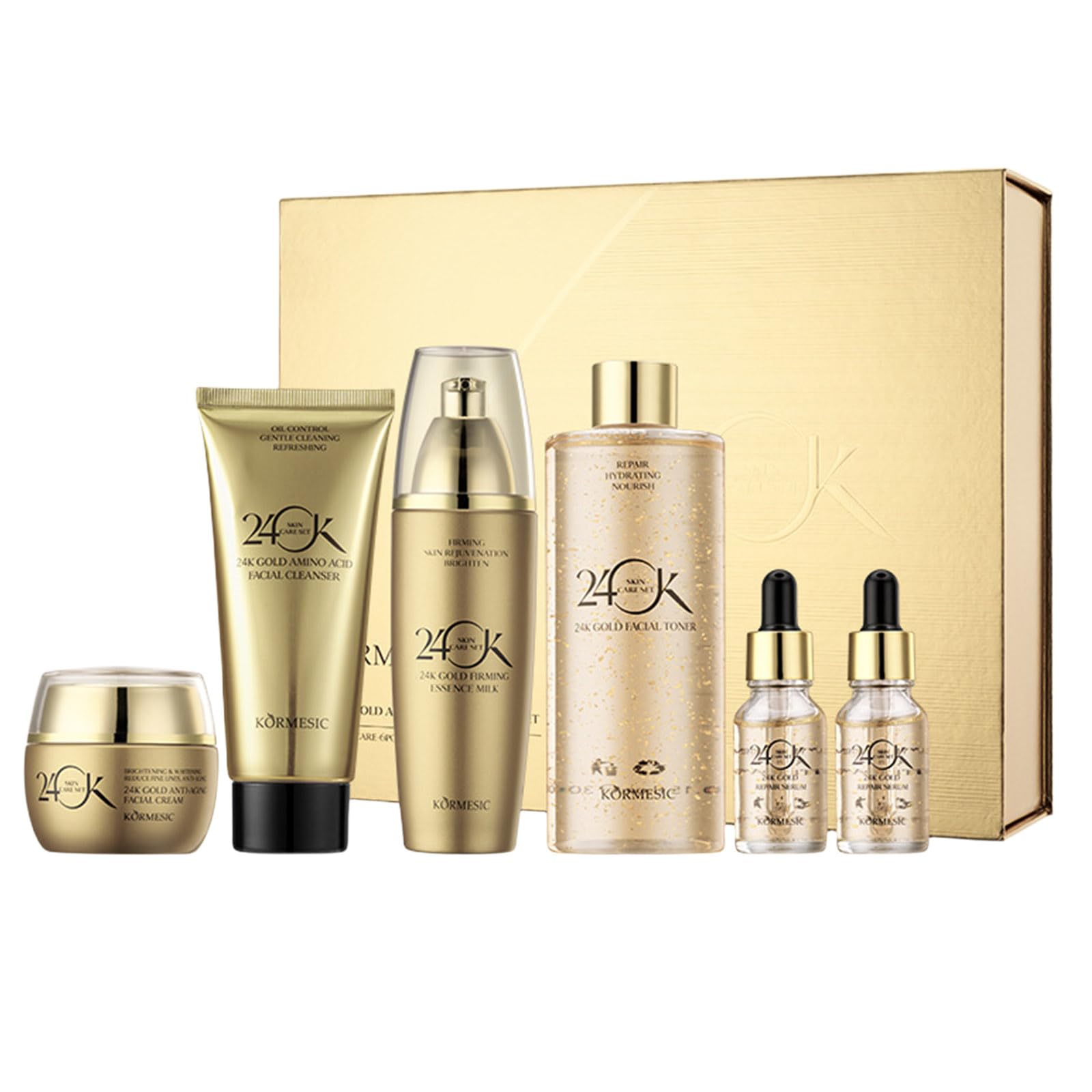 24K Gold Anti-Aging Skincare Set - 6 Piece Luxury Facial Care Kit with Cleanser, Serum (2pcs), Eye Cream, Essence Milk & Toner for Women | Hydrating, Brightening & Wrinkle Reduction | Perfect for Daily Routine & Gift Giving
