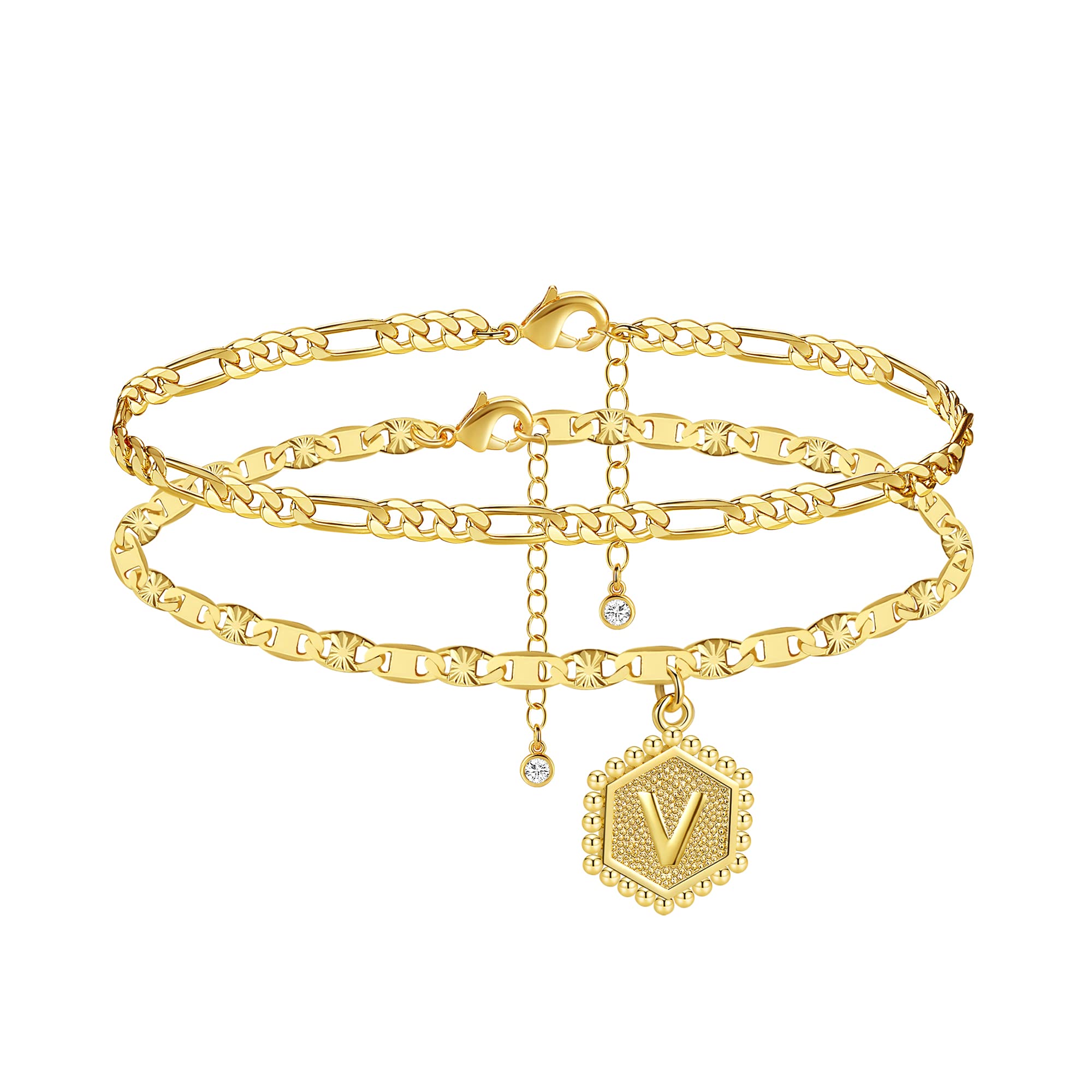 14K Gold Plated Ankle Bracelet for Women - Personalized Initial Letter A-Z Hexagon Pendant Layered Anklet Jewelry | Perfect Gift for Teen Girls, Birthday, Anniversary & Everyday Wear