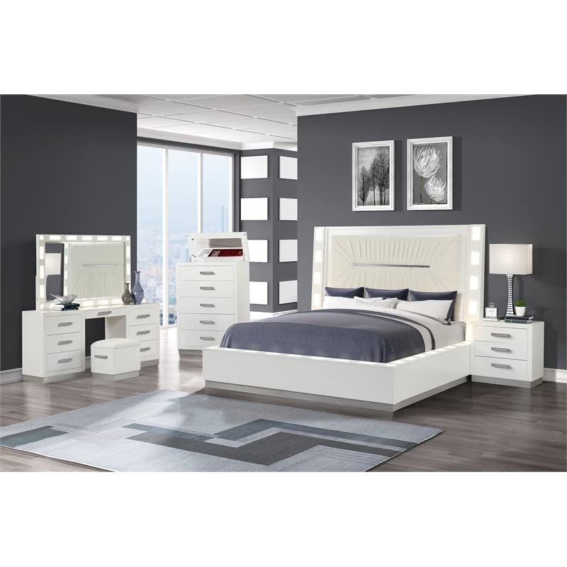 Galaxy Home Furnishings Coco King 6-Piece Vanity LED Bedroom Set - Solid Wood Milky White Dresser with Mirror | Perfect for Modern Bedroom Decor & Makeup Station