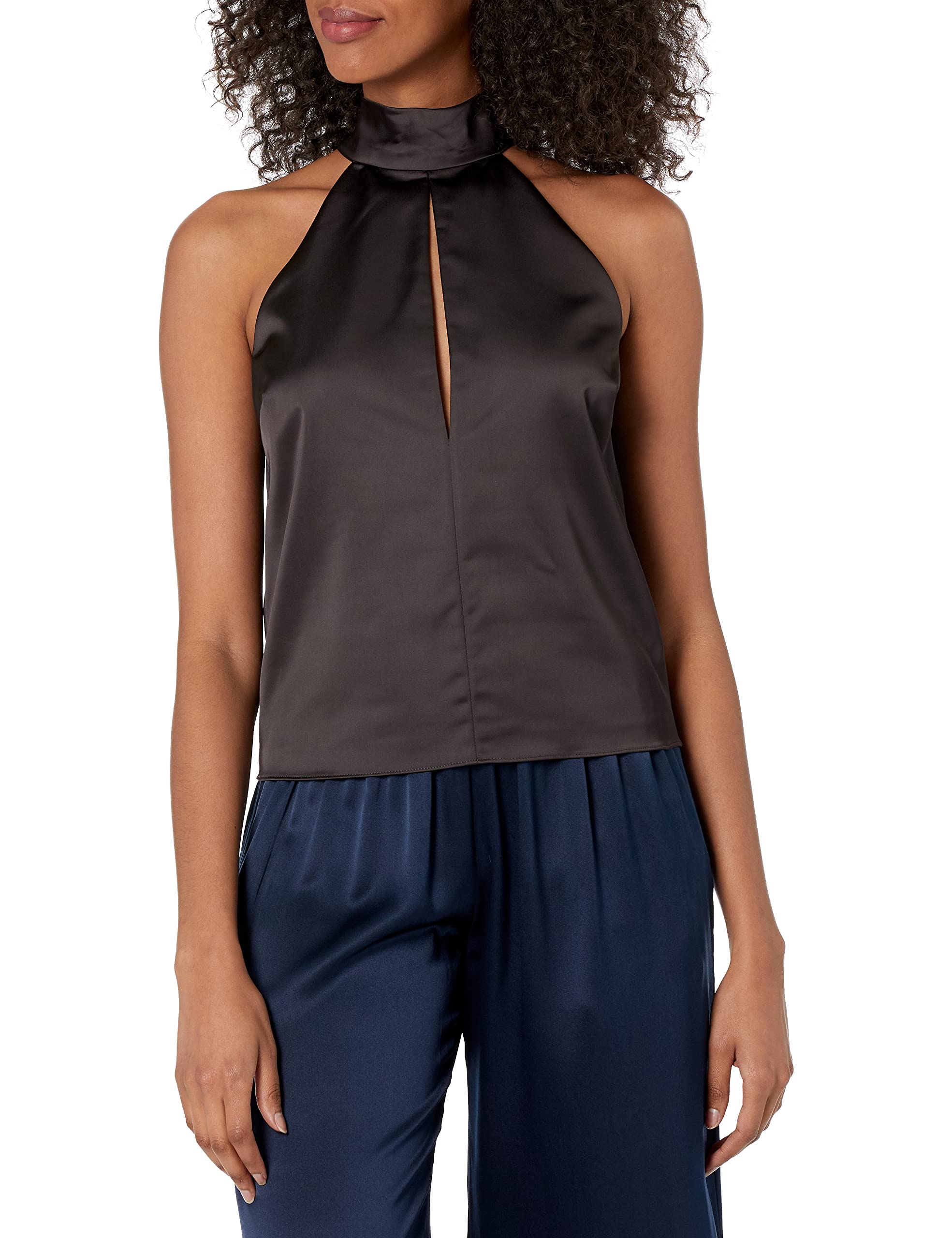 HALSTON Women's Nina Satin Halter Top - Sexy Sleeveless V-Neck Blouse for Party, Club & Evening Wear