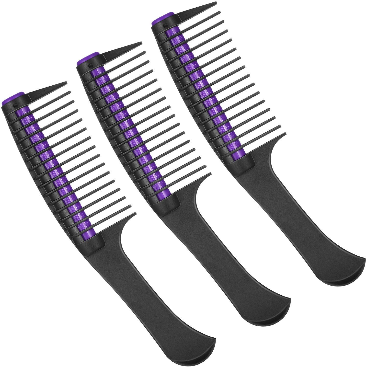 3 Pack Hair Combs with Rollers - Detangling & Anti-Splicing Salon Combs for Barber, Hair Dye & Styling - Black & Purple Professional Hair Tools for Smooth Blowouts & Color Application