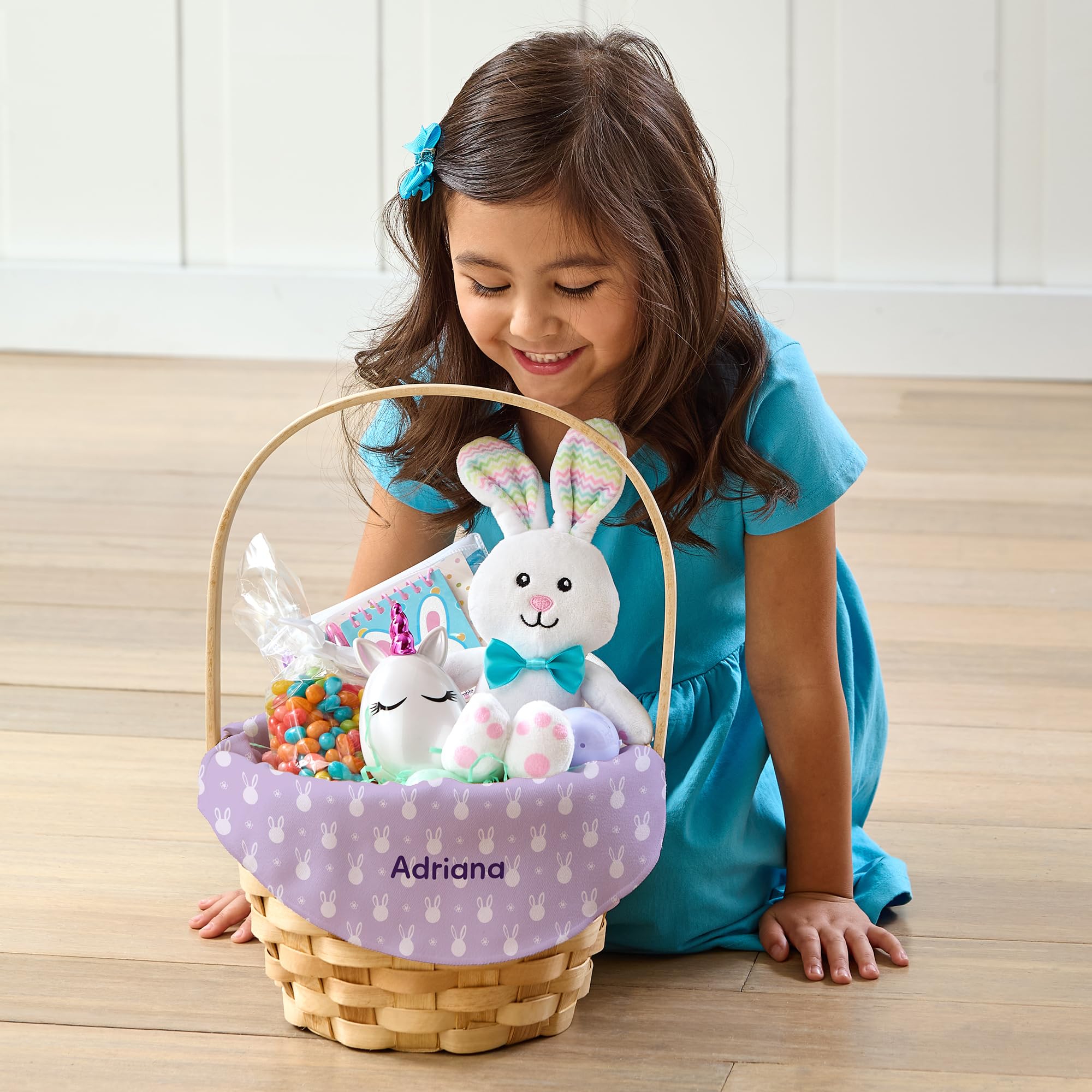 Personalized Easter Basket for Kids - Custom Fillable Wicker Basket with Aqua Bunny Faces - Easter Basket Stuffers for Boys & Girls - Perfect for Easter Egg Hunts, Gift Giving & Holiday Decor