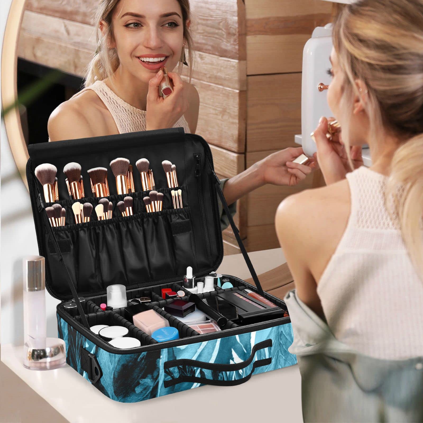 GAIREG Blue Easter Themed Large Makeup Case with Adjustable Dividers - Cosmetic & Toiletry Organizer Bag for Travel, Home Storage (Jungle Forest Design) - Perfect for Easter Gifts, Travel Essentials & Beauty Storage Organization