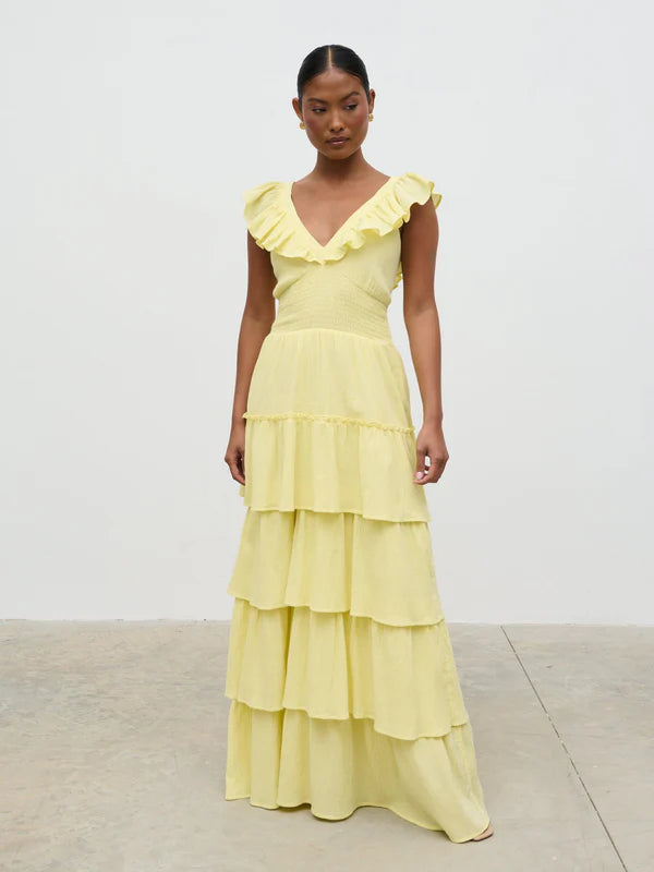Opal Ruffle Maxi Dress - Women's Flowy Summer Dress in Lemon Yellow | Perfect for Beach Vacations, Weddings & Boho Fashion