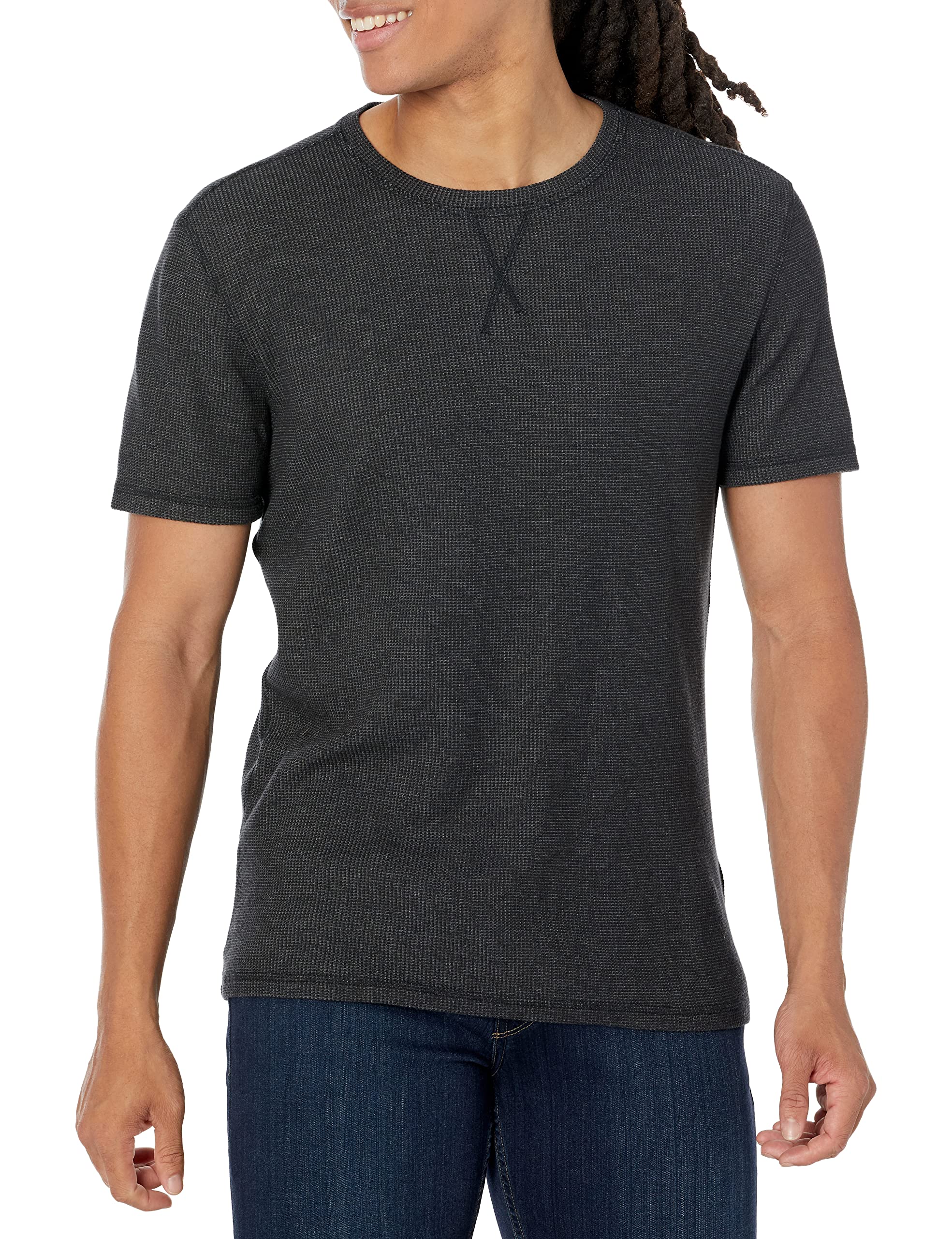 John Varvatos Men's Short Sleeve Waffle Knit Crewneck T-Shirt with Coverstitch Detail | Casual & Layering Essential for Everyday Wear