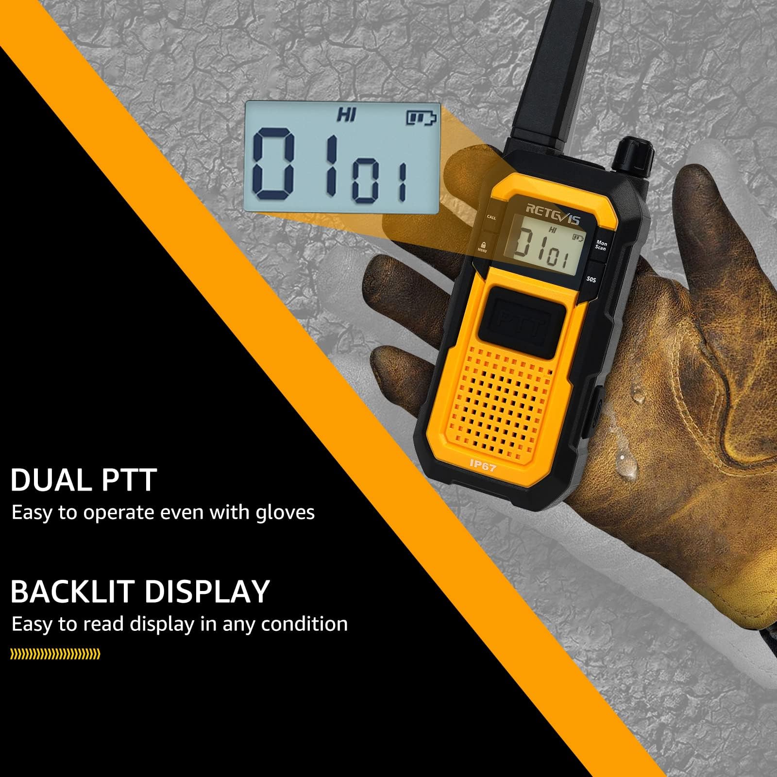 Retevis RB48 Heavy Duty Waterproof Walkie Talkies - 2 Pack Long Range Two Way Radios with 2000mAh Battery, Triple Proof Design for Job Site, Construction, Outdoor Adventures & Emergency Communication (Yellow)